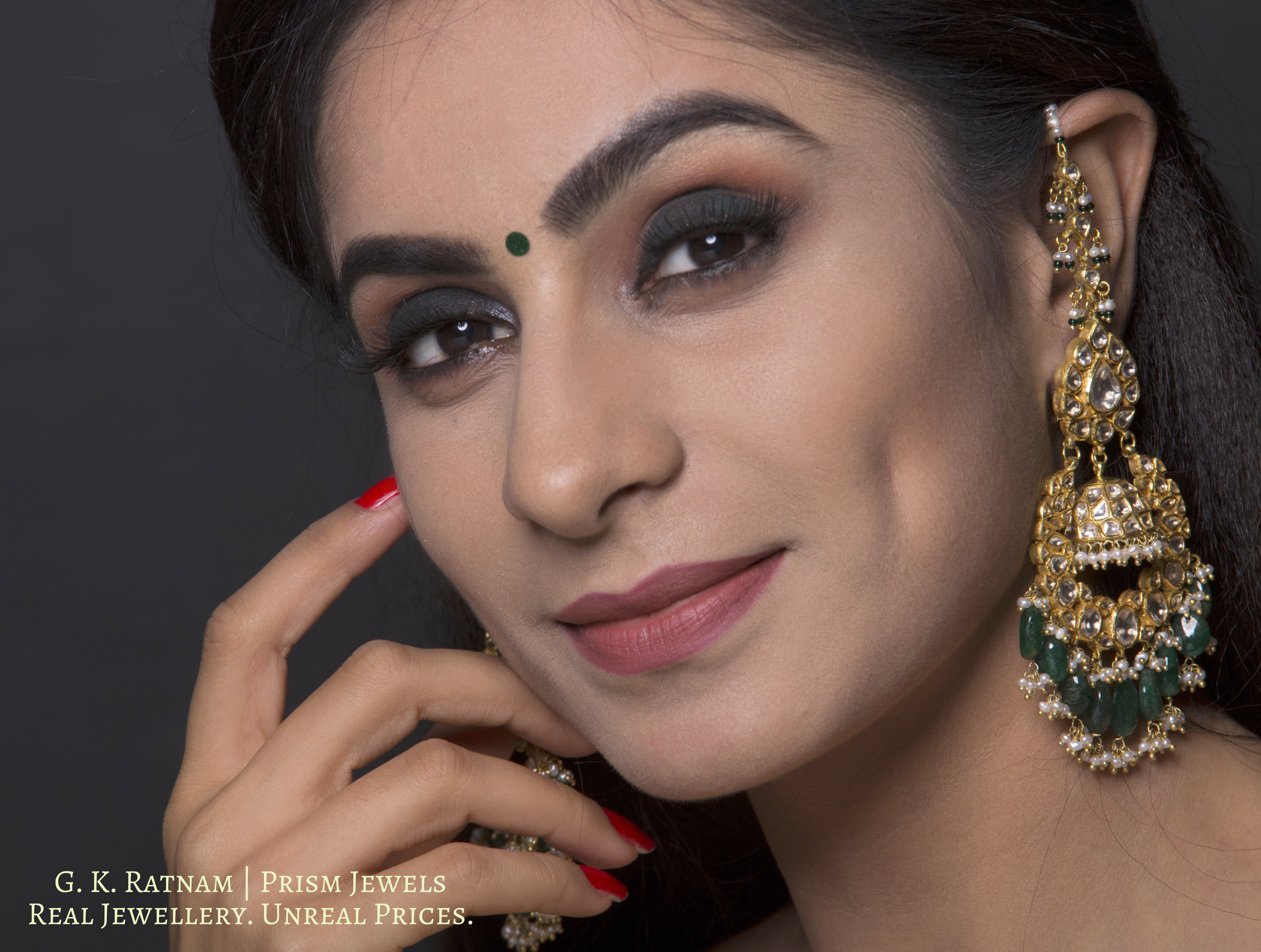 18k Gold and Diamond Polki Chand Bali and Jhumki Earring Pair with Natural Emeralds - gold diamond polki kundan meena jadau jewellery