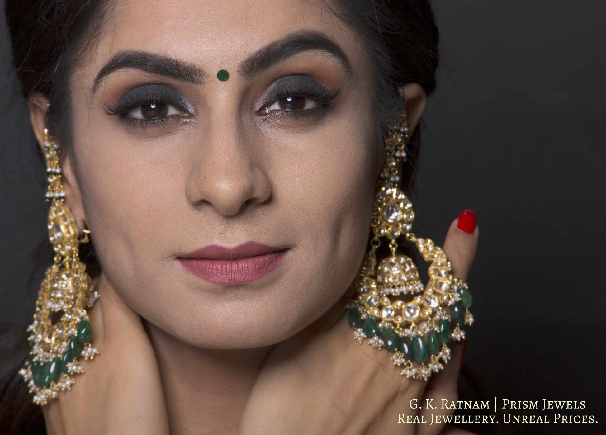 18k Gold and Diamond Polki Chand Bali and Jhumki Earring Pair with Natural Emeralds - gold diamond polki kundan meena jadau jewellery