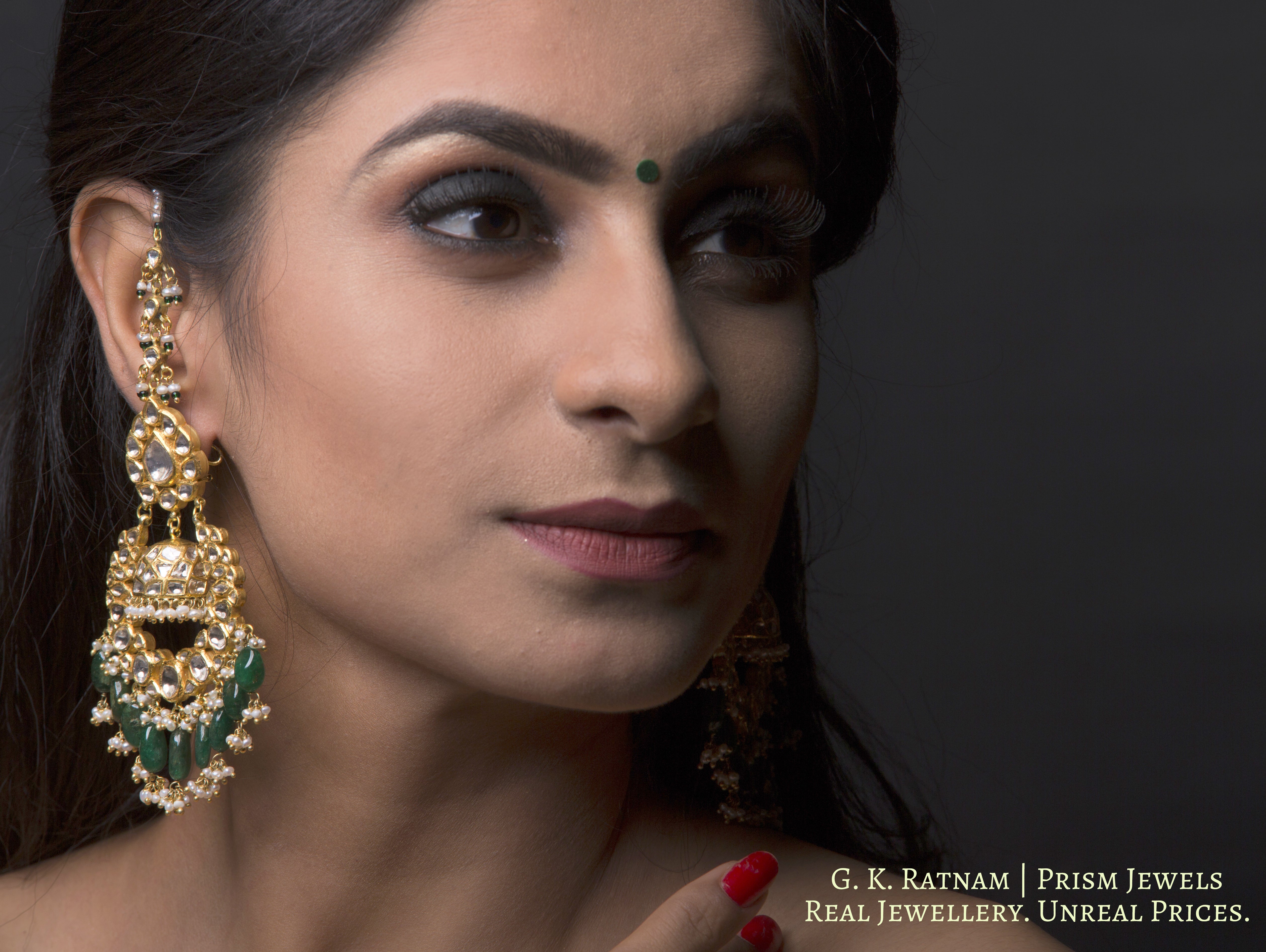 18k Gold and Diamond Polki Chand Bali and Jhumki Earring Pair with Natural Emeralds - gold diamond polki kundan meena jadau jewellery