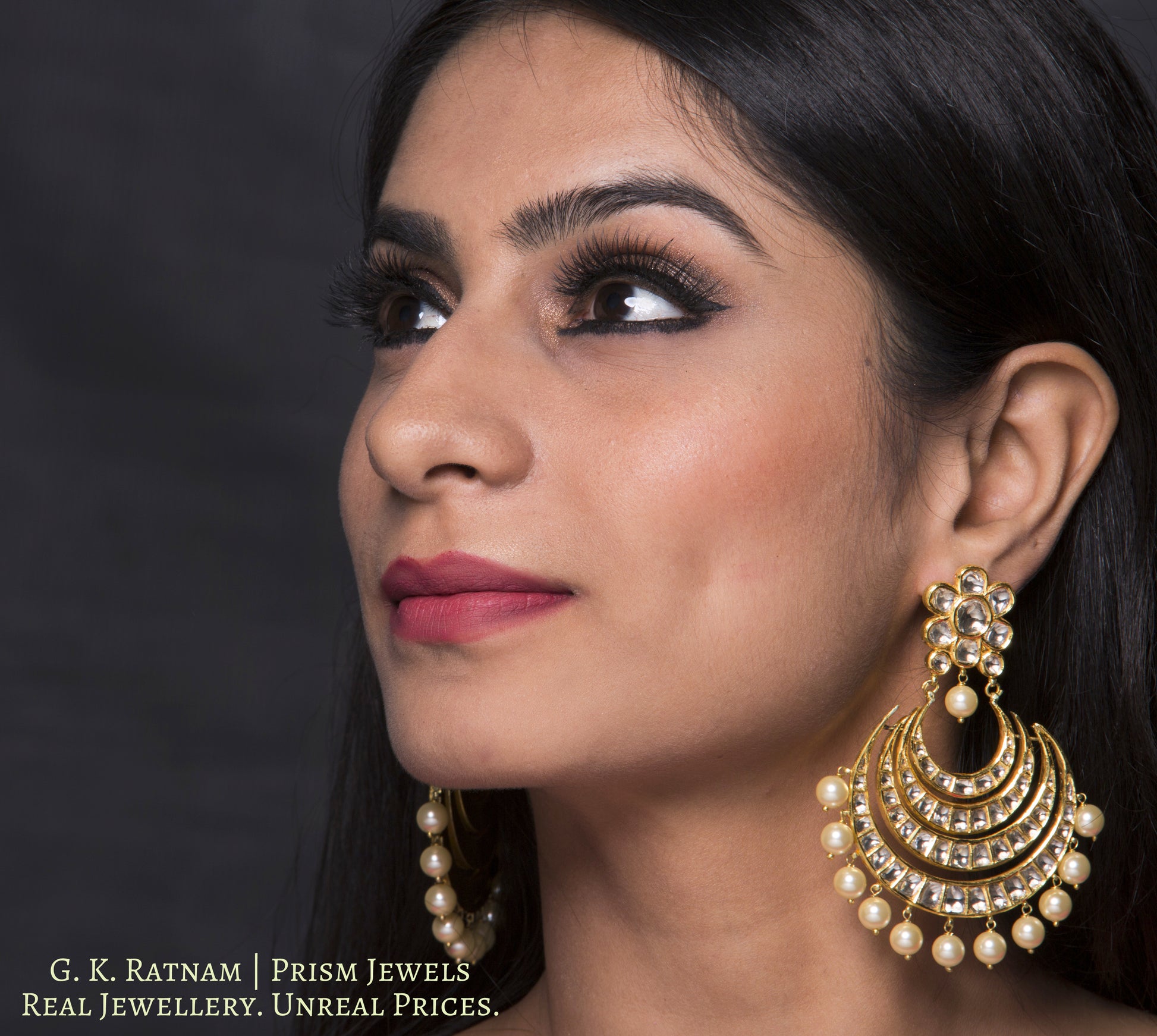 18k Gold and Diamond Polki Chand Bali Earring Pair with multiple chands - gold diamond polki kundan meena jadau jewellery