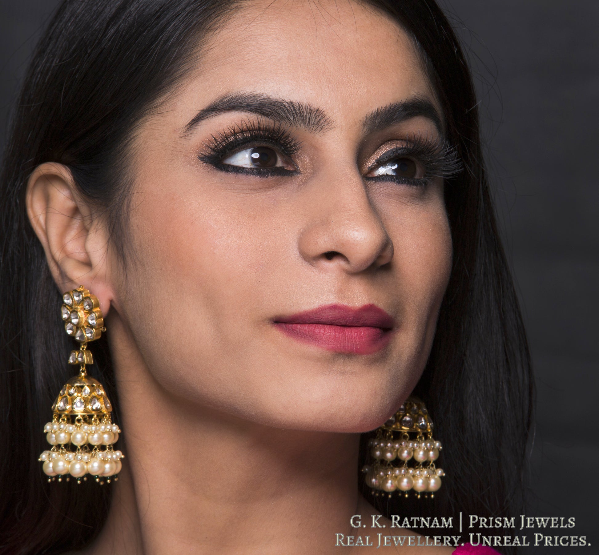 Traditional Gold and Diamond Polki Jhumki Earring Pair with triple-coated shell pearls - gold diamond polki kundan meena jadau jewellery