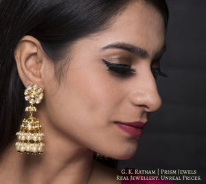 Traditional Gold and Diamond Polki Jhumki Earring Pair with triple-coated shell pearls - gold diamond polki kundan meena jadau jewellery