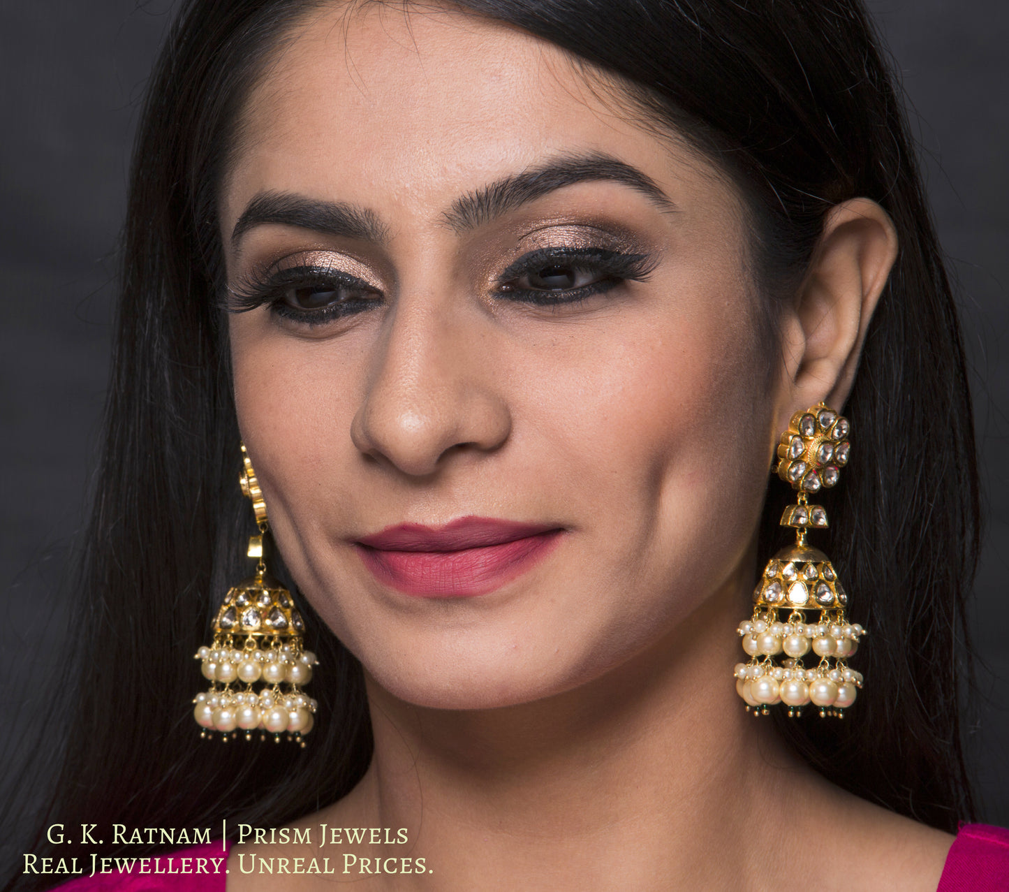 Traditional Gold and Diamond Polki Jhumki Earring Pair with triple-coated shell pearls - gold diamond polki kundan meena jadau jewellery