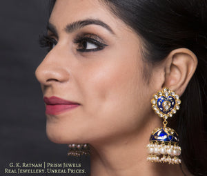 18k Gold and Diamond Polki blue enamel Jhumki Earring Pair with karanphools - G. K. Ratnam