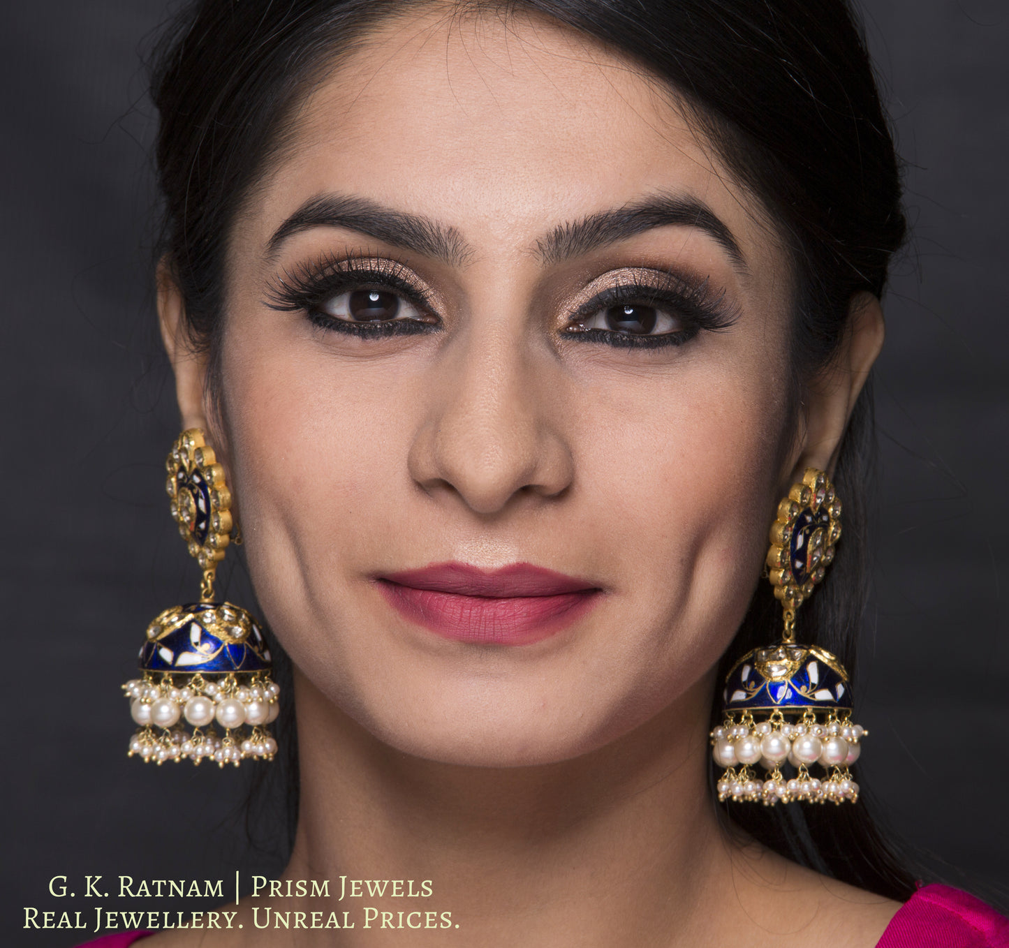 18k Gold and Diamond Polki blue enamel Jhumki Earring Pair with karanphools - G. K. Ratnam