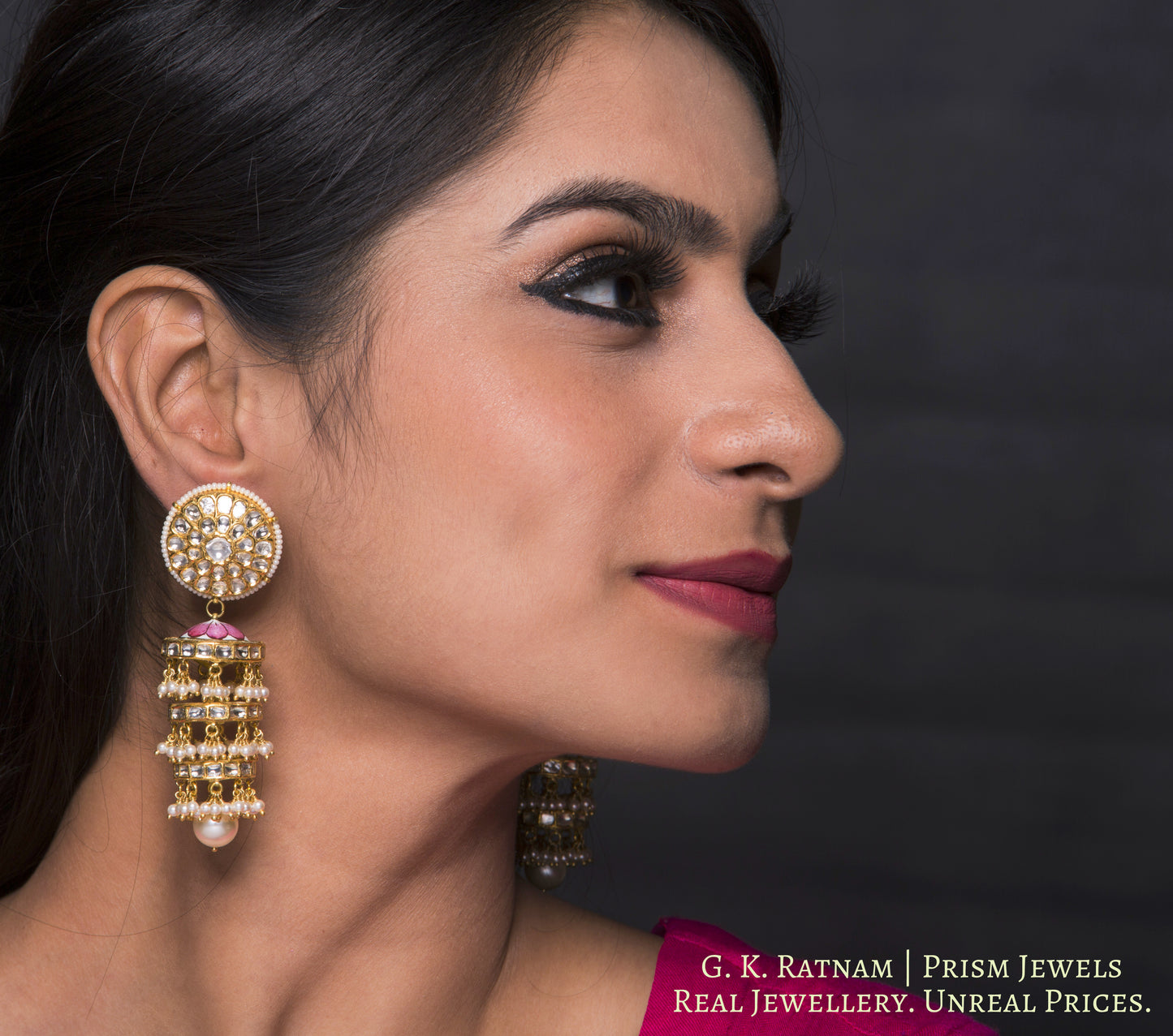 18k Gold and Diamond Polki Chandelier Earring Pair with disc-shaped rings - gold diamond polki kundan meena jadau jewellery
