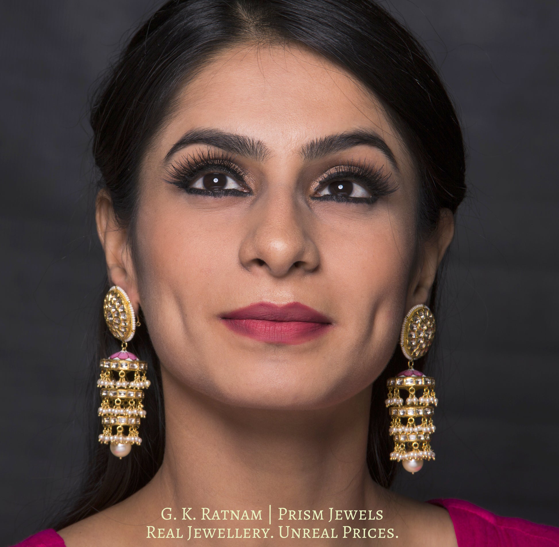 18k Gold and Diamond Polki Chandelier Earring Pair with disc-shaped rings - gold diamond polki kundan meena jadau jewellery