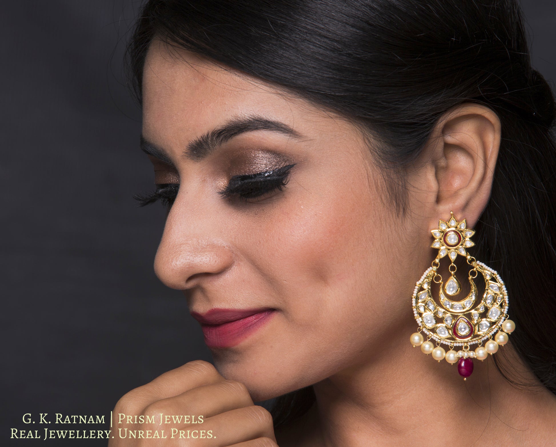 Traditional Gold and Diamond Polki Chand Bali Earring Pair with rubies and pearls - gold diamond polki kundan meena jadau jewellery