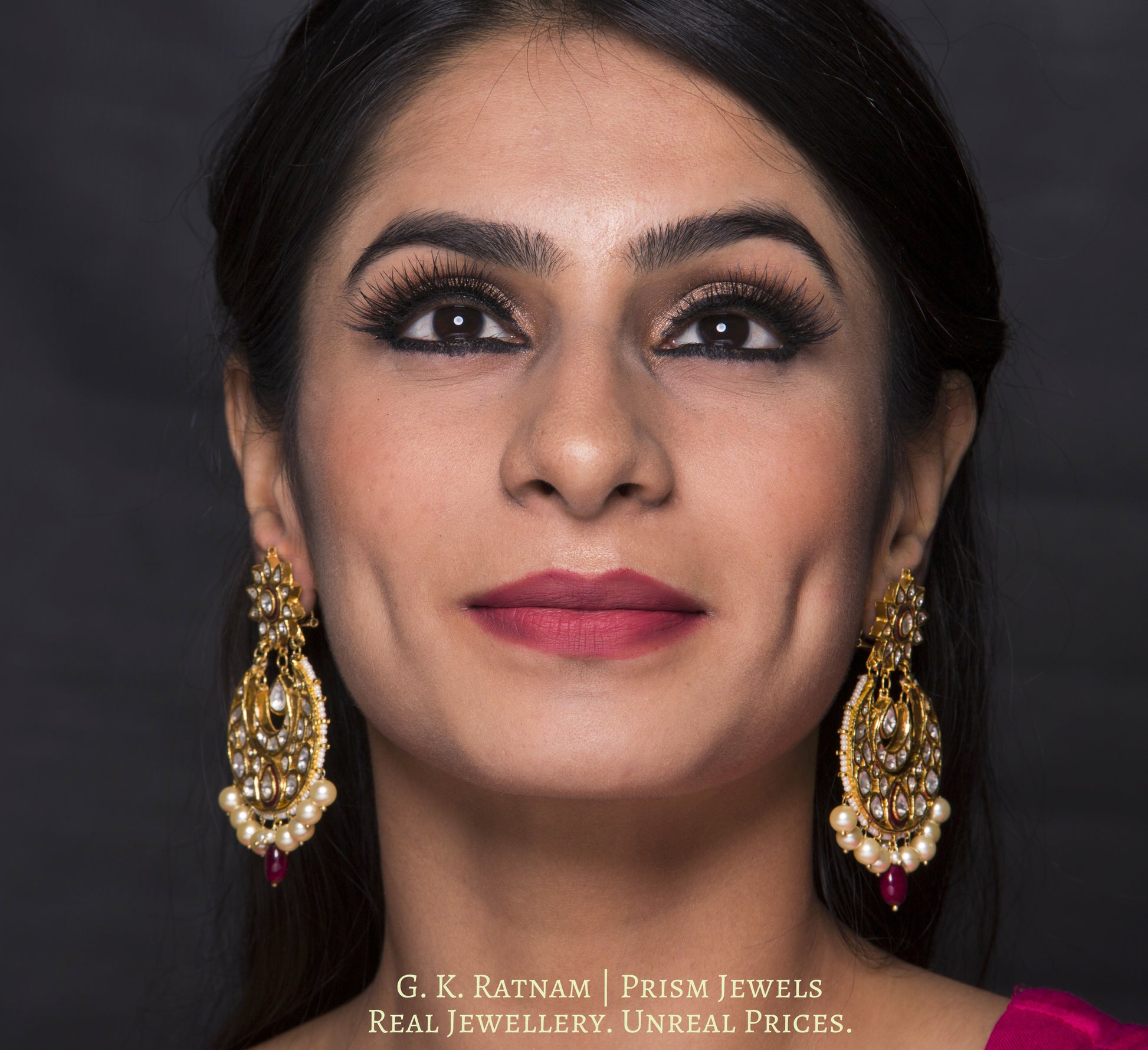 Traditional Gold and Diamond Polki Chand Bali Earring Pair with rubies and pearls - gold diamond polki kundan meena jadau jewellery