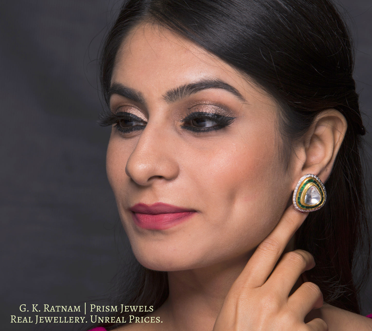 18k Gold and Diamond Polki triangle-shaped Tops / Studs Earring Pair with big uncuts and emerald-green stones - G. K. Ratnam