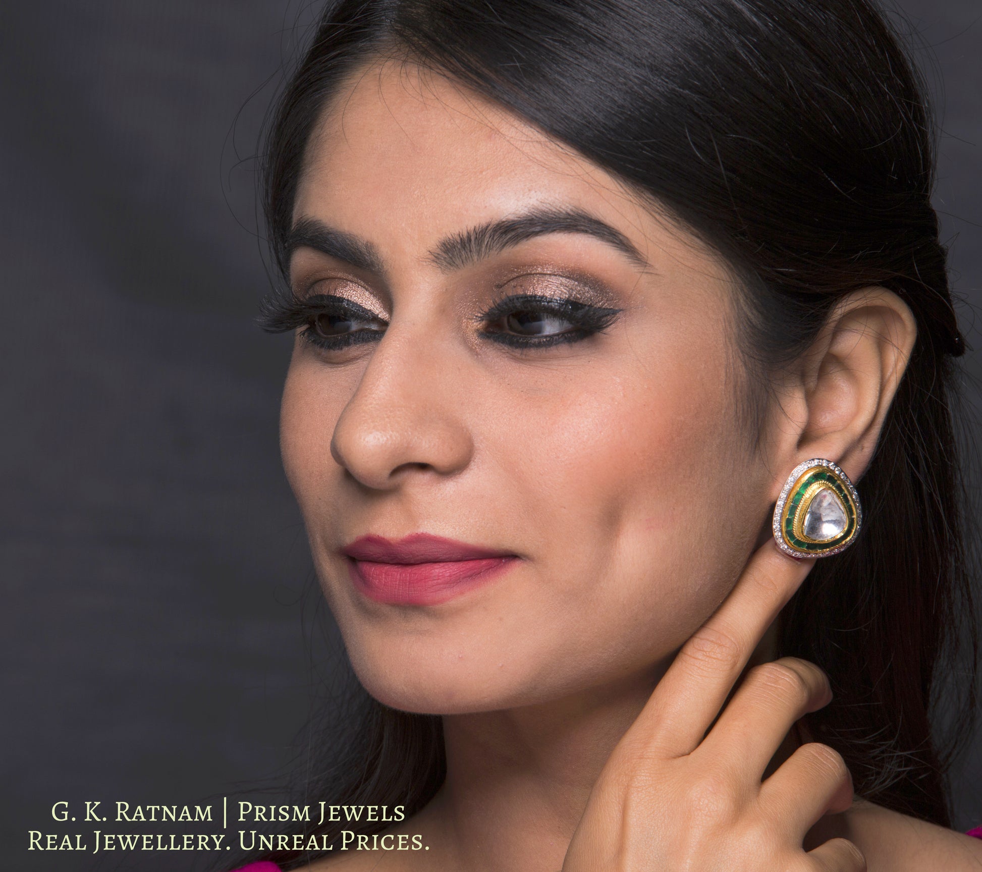 18k Gold and Diamond Polki triangle-shaped Tops / Studs Earring Pair with big uncuts and emerald-green stones - G. K. Ratnam