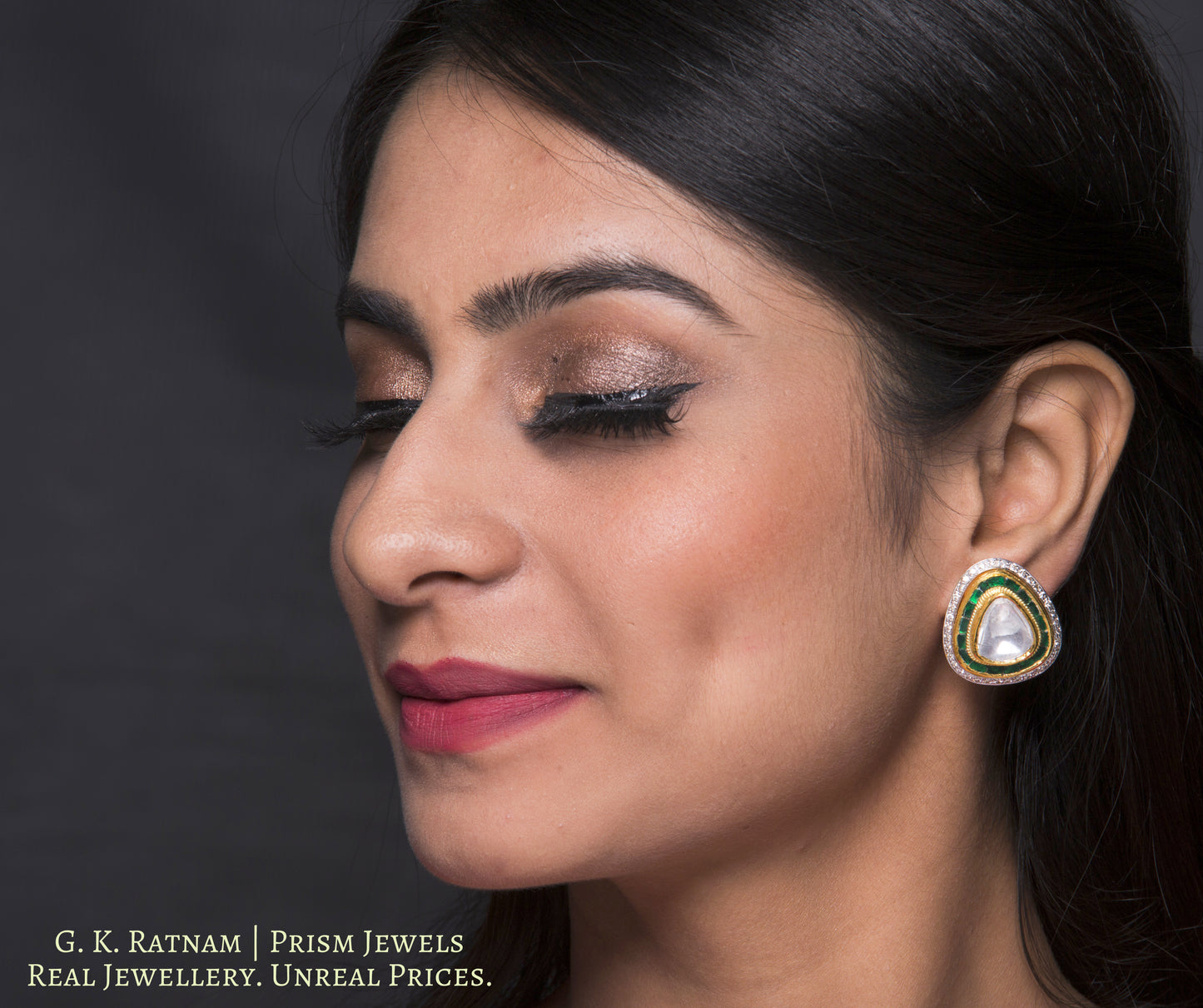18k Gold and Diamond Polki triangle-shaped Tops / Studs Earring Pair with big uncuts and emerald-green stones - G. K. Ratnam
