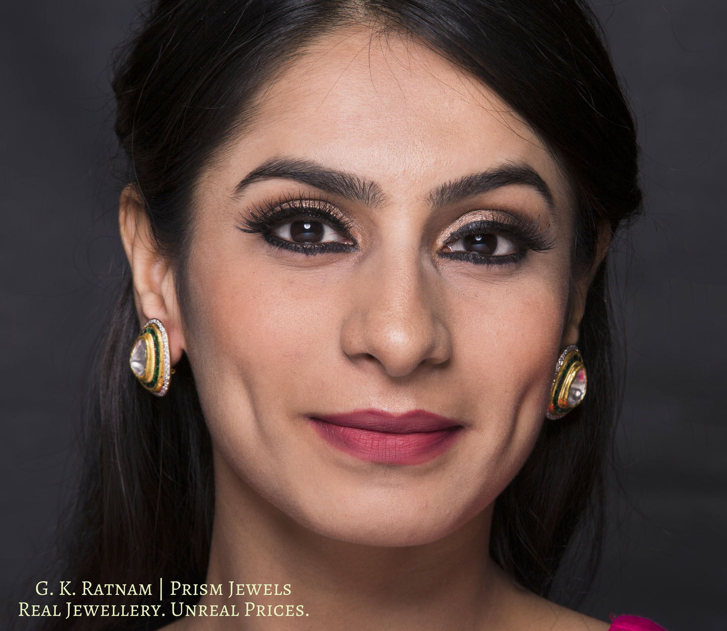 18k Gold and Diamond Polki triangle-shaped Tops / Studs Earring Pair with big uncuts and emerald-green stones - G. K. Ratnam