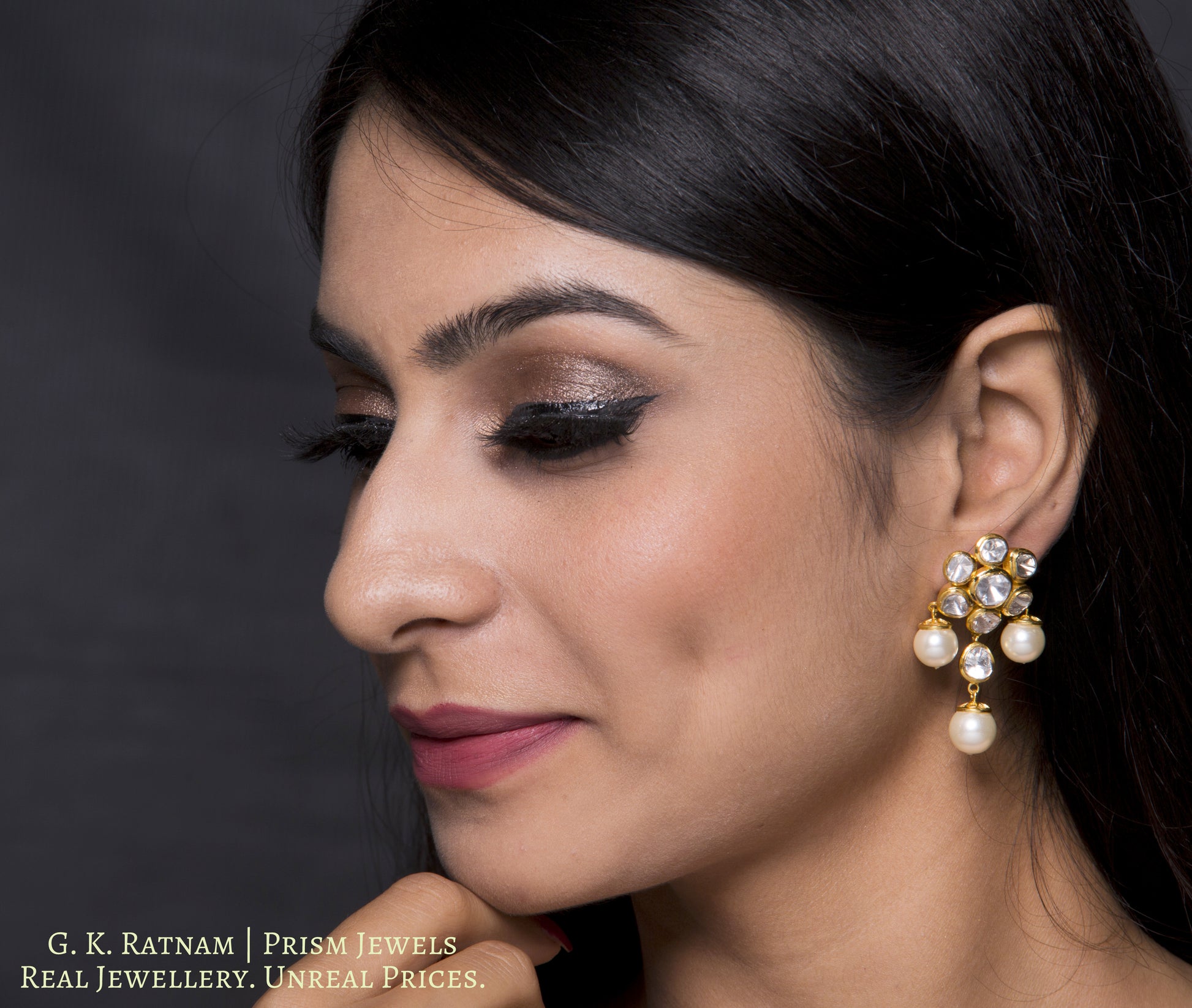 18k Gold and Diamond Polki Open Setting floral Tops / Studs Earring Pair with south-sea-like pearl hangings - gold diamond polki kundan meena jadau jewellery