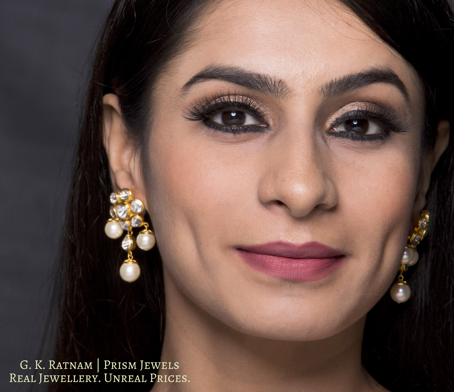 18k Gold and Diamond Polki Open Setting floral Tops / Studs Earring Pair with south-sea-like pearl hangings - gold diamond polki kundan meena jadau jewellery
