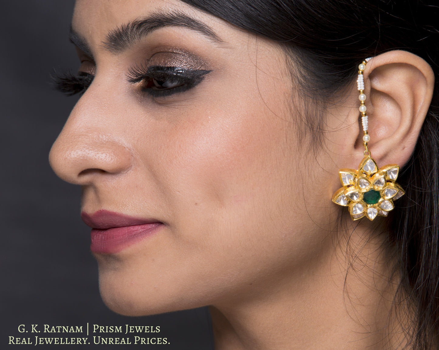 22k Gold and Diamond Polki star-shaped Karanphool Earring Pair with 3-D setting - gold diamond polki kundan meena jadau jewellery