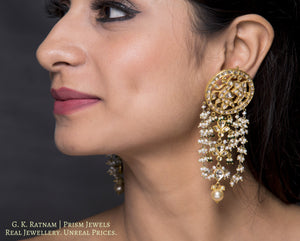 Traditional Gold and Diamond Polki Karanphool Earring Pair with Uncut and Pearl Chandeliers - G. K. Ratnam