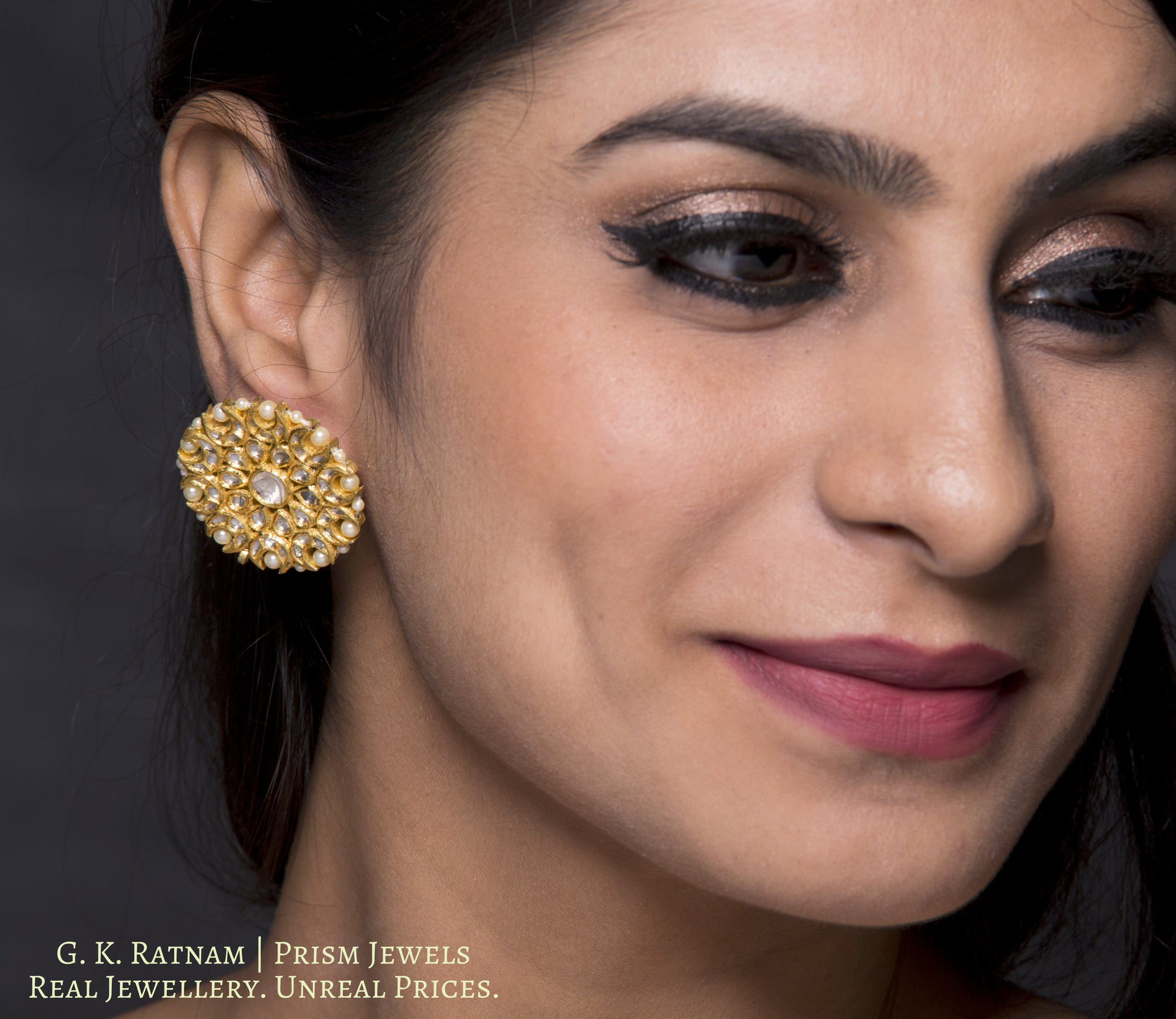 18k Gold and Diamond Polki floral Karanphool Earring Pair with pearl rimming - G. K. Ratnam