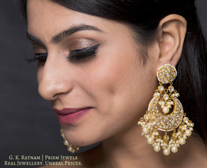 23k Gold and Diamond Polki Chand Bali Earring Pair with triple-coated shell pearls and cascading polkis - gold diamond polki kundan meena jadau jewellery