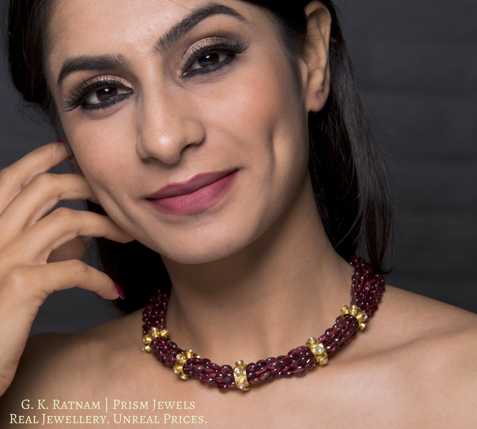 18k Gold and Diamond Polki ring Necklace with Mozambique Garnets - G. K. Ratnam
