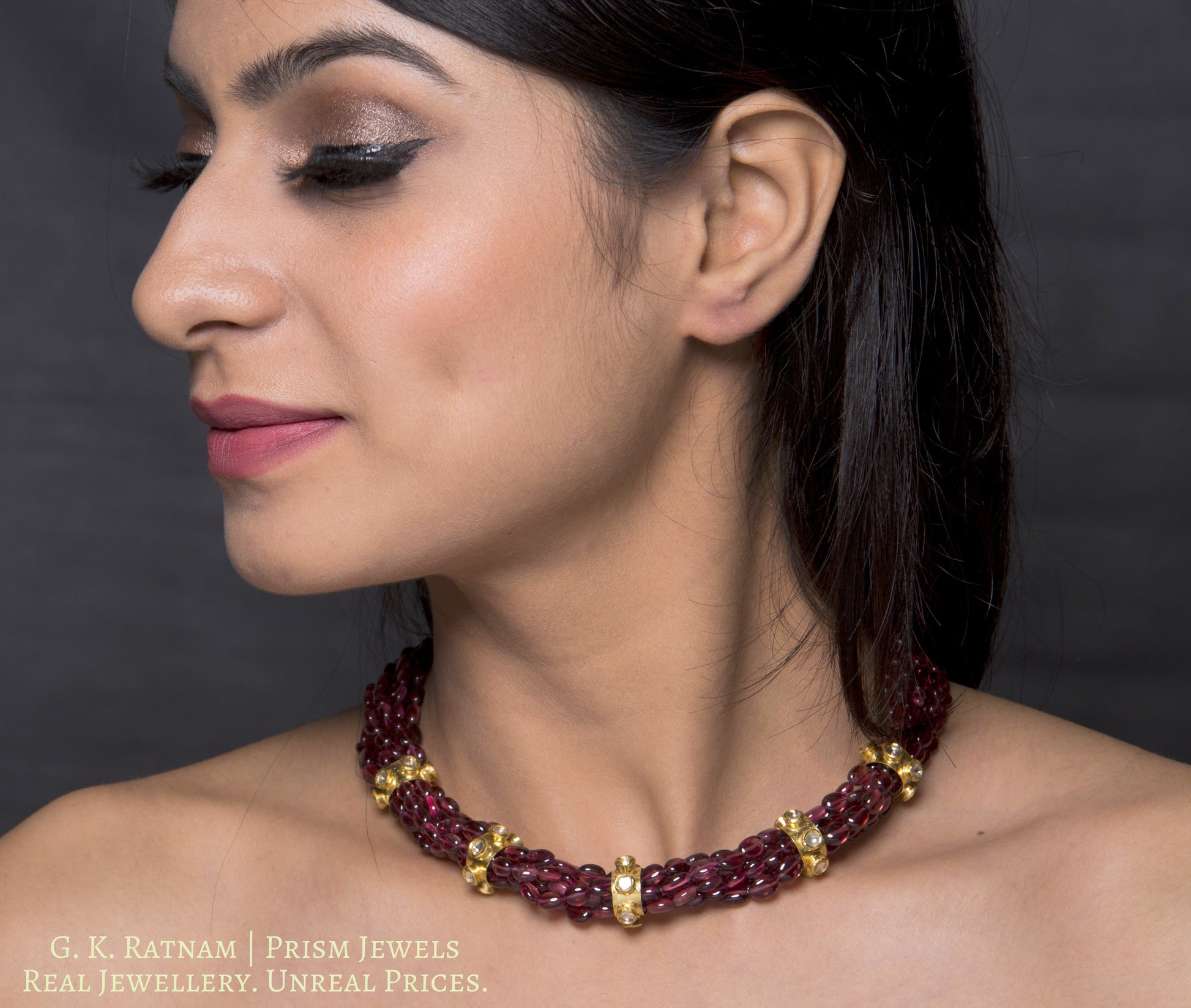 18k Gold and Diamond Polki ring Necklace with Mozambique Garnets - G. K. Ratnam