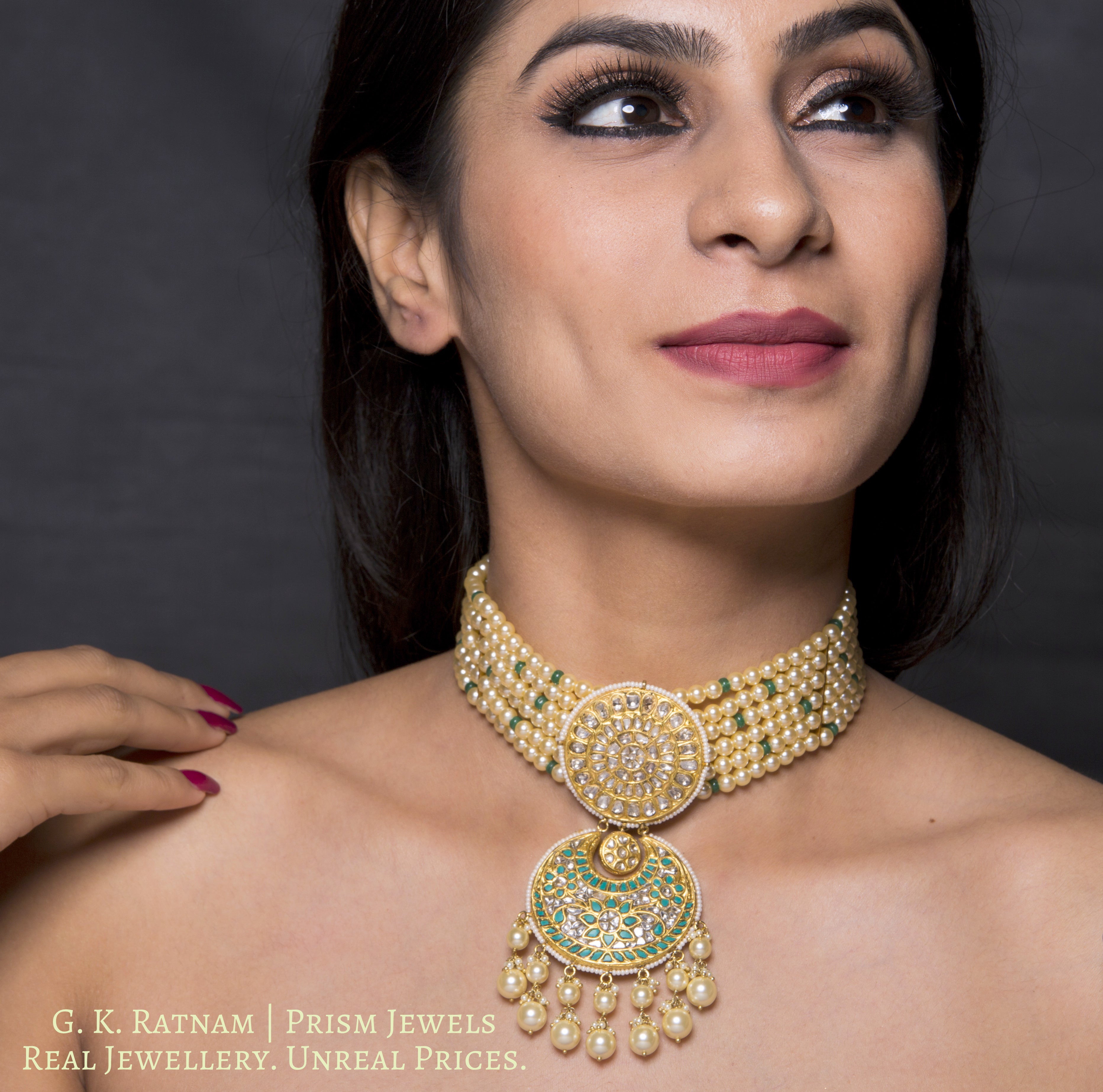 23k Gold and Diamond Polki Turquoise Choker Necklace Set delicately strung in lustrous pearls - gold diamond polki kundan meena jadau jewellery