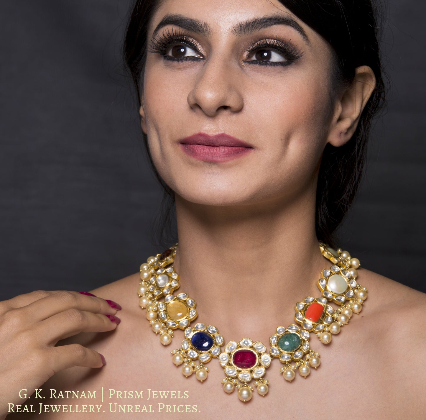 18k Gold and Diamond Polki Navratna Necklace with lustrous pearls - G. K. Ratnam