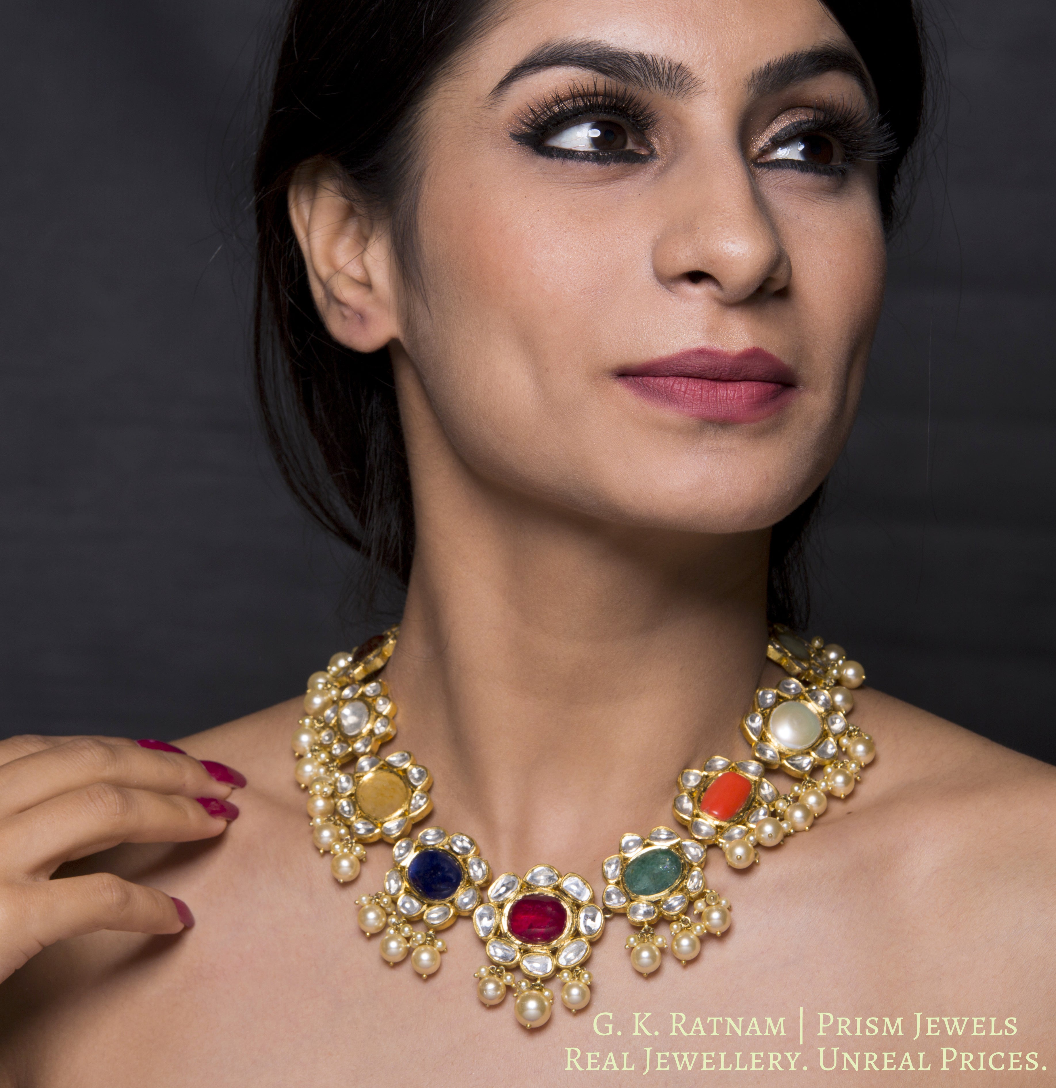 18k Gold and Diamond Polki Navratna Necklace with lustrous pearls - G. K. Ratnam