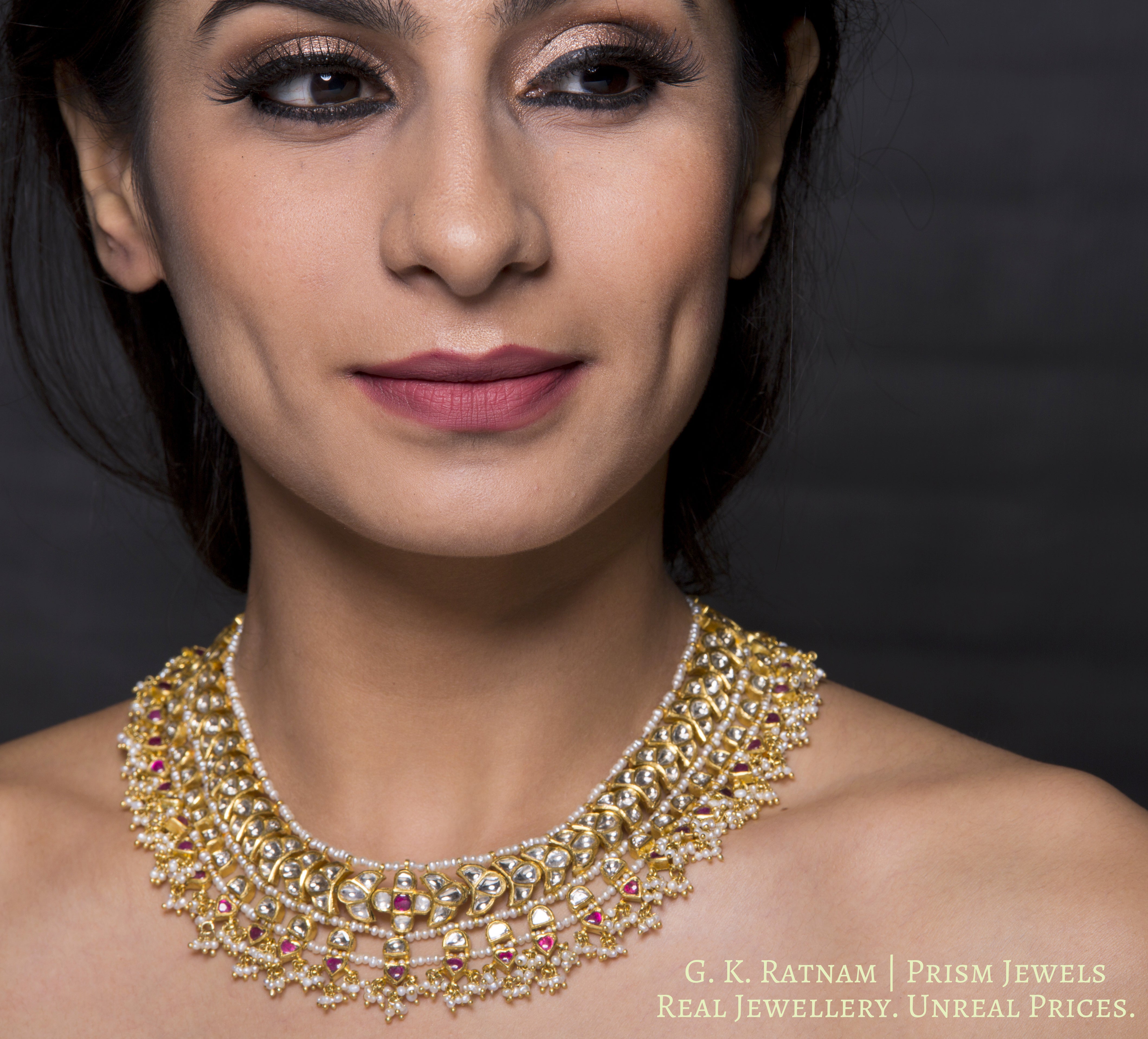 18k Gold and Diamond Polki south-style Necklace with Natural Freshwater Pearls - gold diamond polki kundan meena jadau jewellery