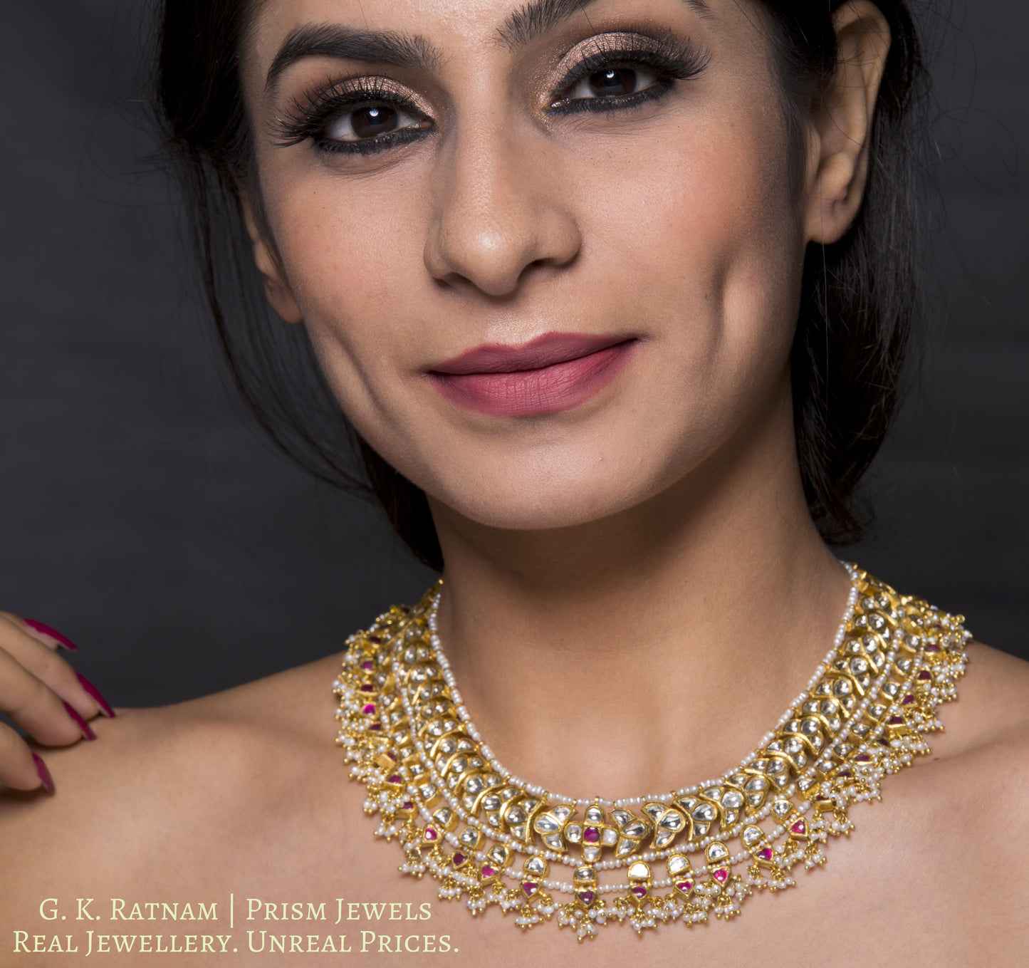 18k Gold and Diamond Polki south-style Necklace with Natural Freshwater Pearls - gold diamond polki kundan meena jadau jewellery