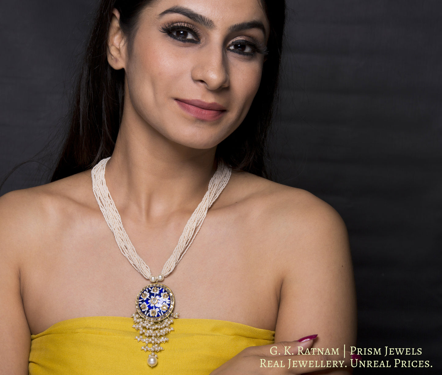 23k Gold and Diamond Polki round Pendant with fine blue and white pottery - gold diamond polki kundan meena jadau jewellery