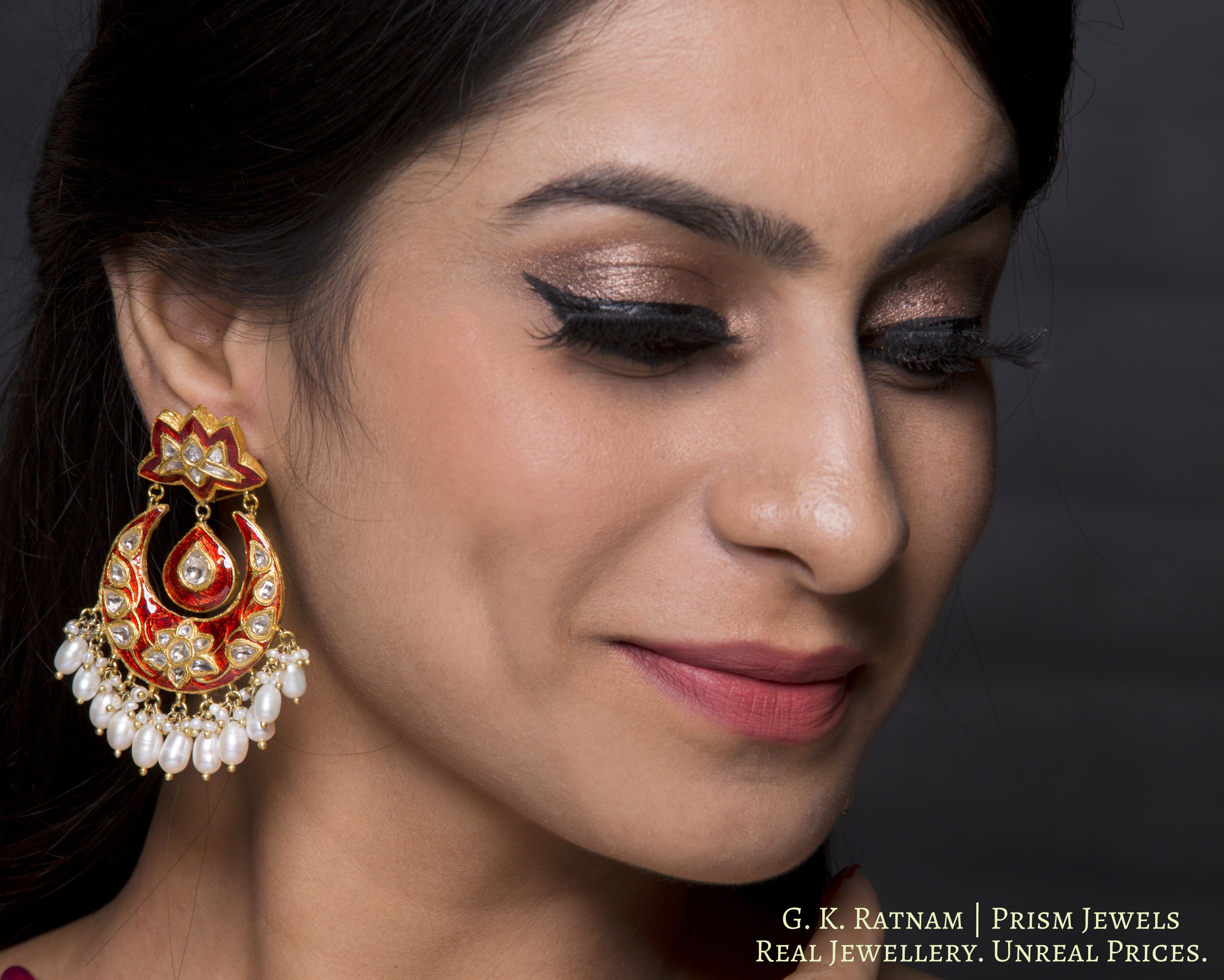 23k Gold and Diamond Polki Chand Bali Earring Pair with red meenakari - gold diamond polki kundan meena jadau jewellery