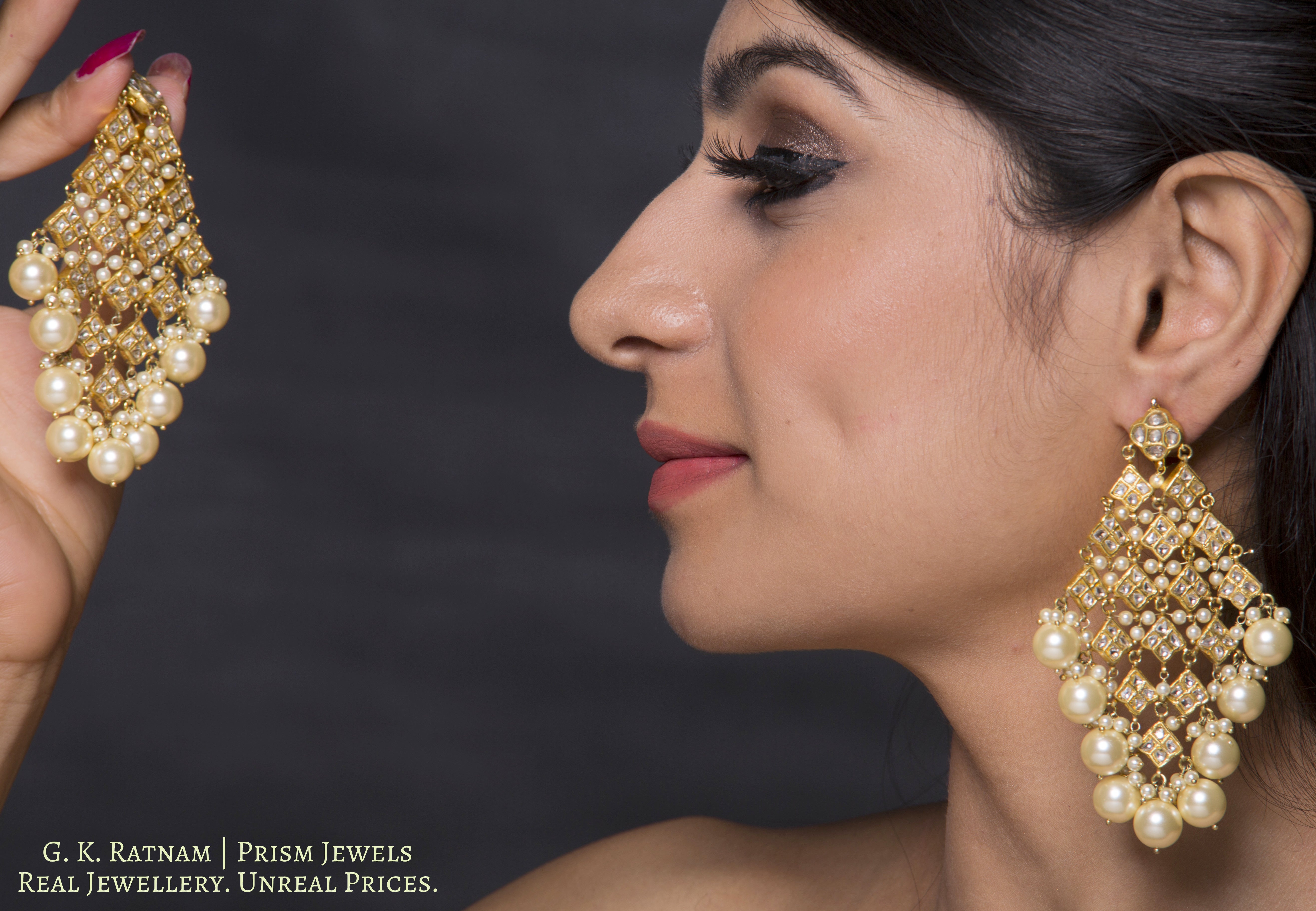 23k Gold and Diamond Polki kite-shaped Chandelier Earring Pair with lustrous pearls - G. K. Ratnam