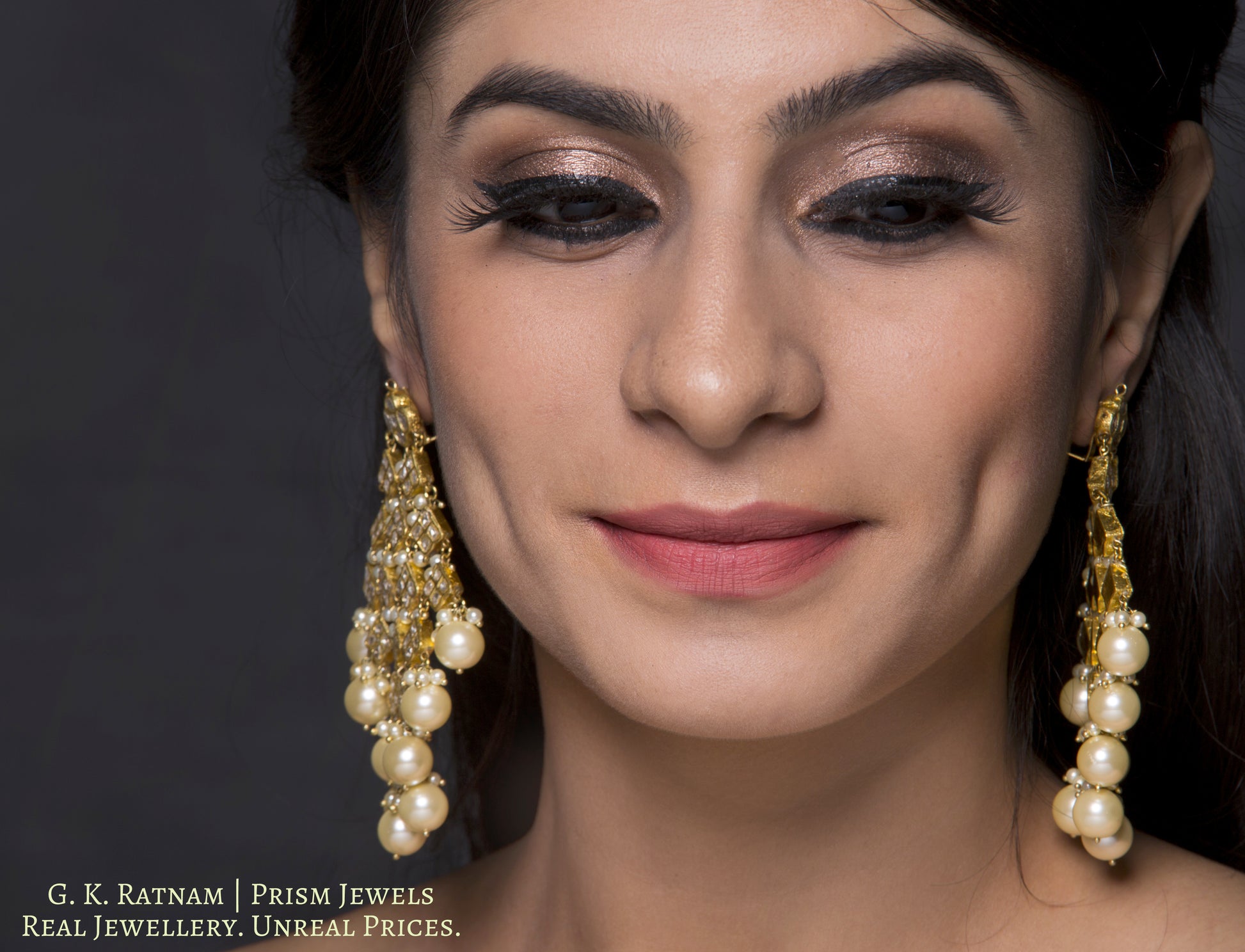 23k Gold and Diamond Polki kite-shaped Chandelier Earring Pair with lustrous pearls - G. K. Ratnam