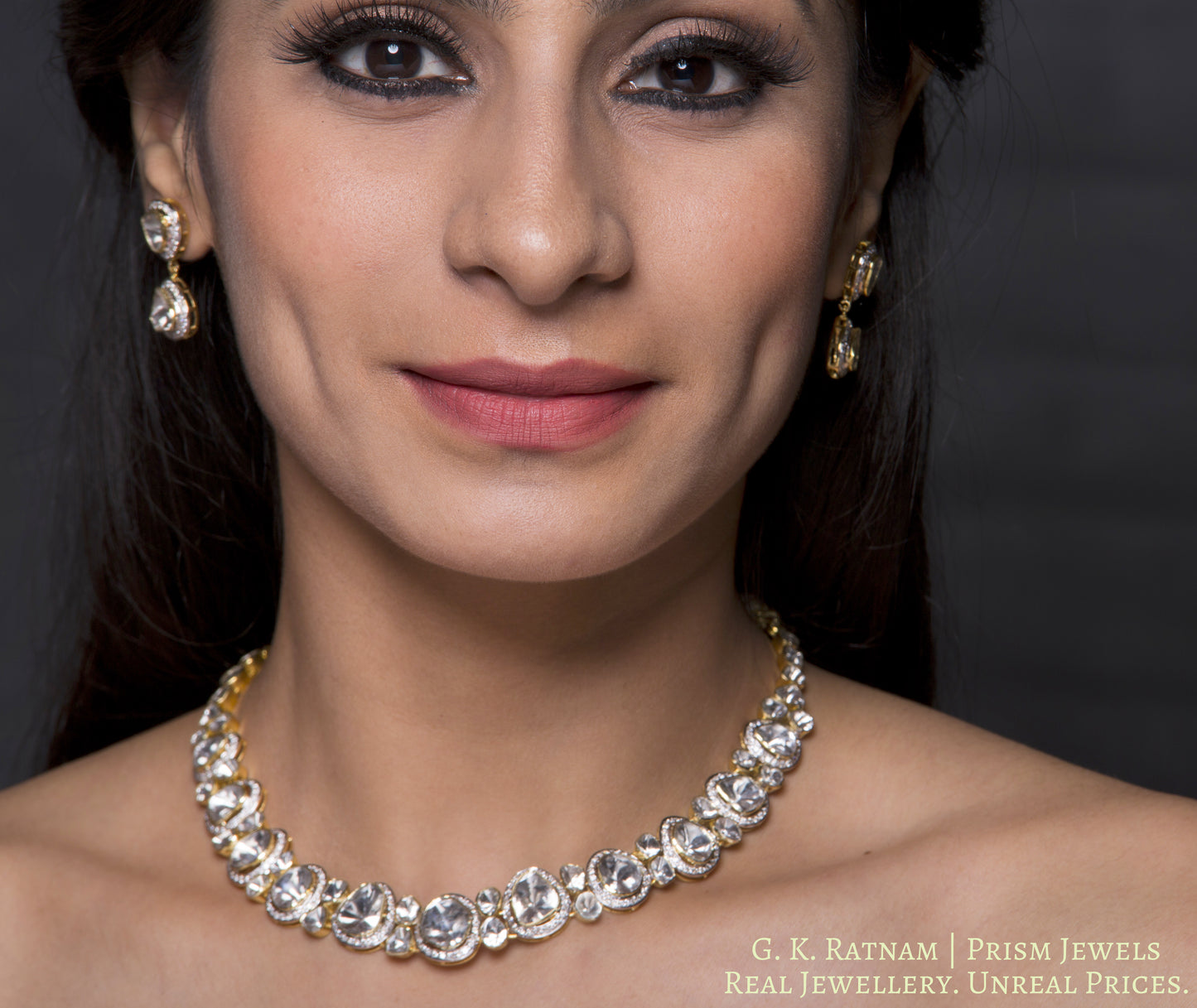 14k Gold and Diamond Polki Open Setting Necklace Set with far sized uncut diamonds - gold diamond polki kundan meena jadau jewellery