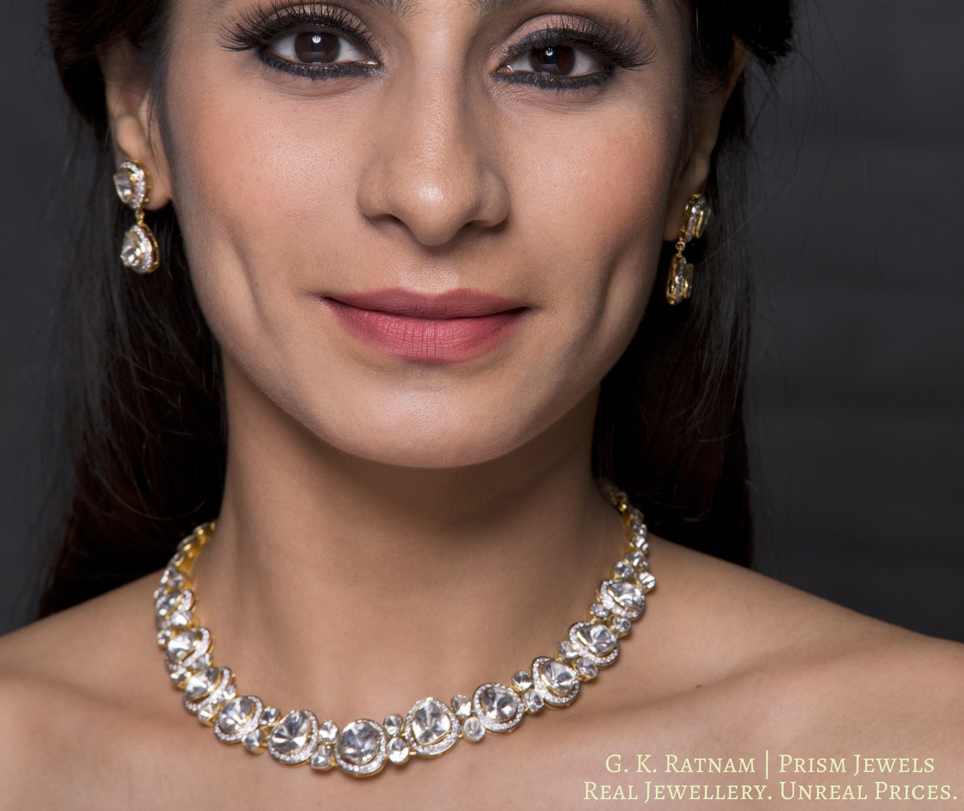 14k Gold and Diamond Polki Open Setting Necklace Set with far sized uncut diamonds - gold diamond polki kundan meena jadau jewellery