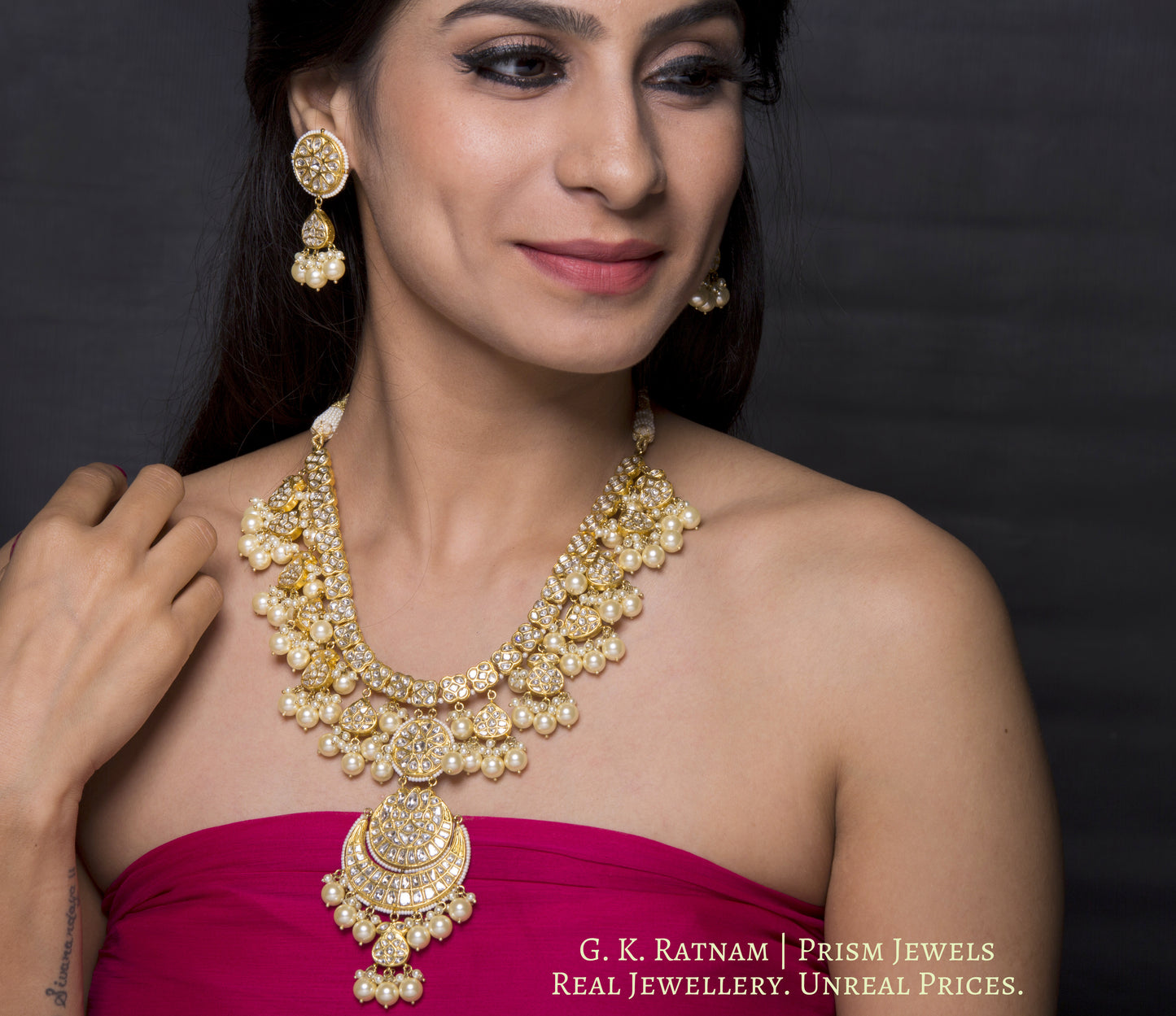 23k Gold and Diamond Polki Long Necklace Set with lustrous shell pearls - gold diamond polki kundan meena jadau jewellery