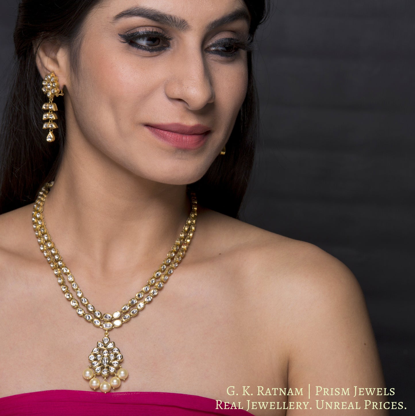 Traditional Gold and Diamond Polki two-line Necklace Set - G. K. Ratnam