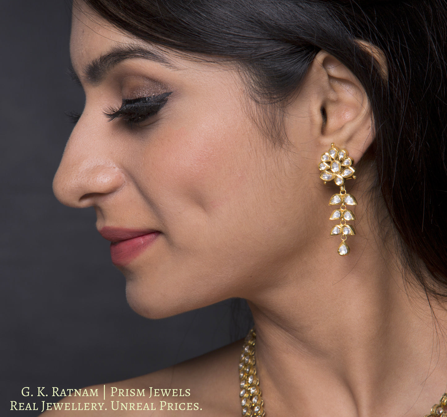 Traditional Gold and Diamond Polki two-line Necklace Set - G. K. Ratnam