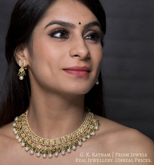 23k Gold and Diamond Polki Necklace Set with Natural freshwater pearls and a hint of green - G. K. Ratnam