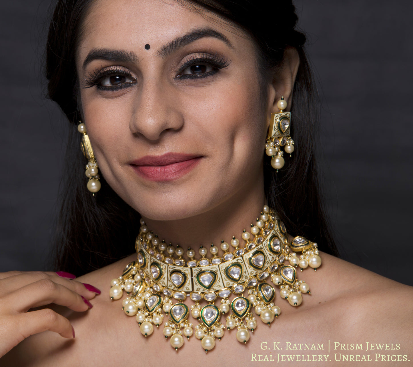 18k Gold and Diamond Polki cream enamel Choker Necklace Set with lustrous shell pearls - gold diamond polki kundan meena jadau jewellery