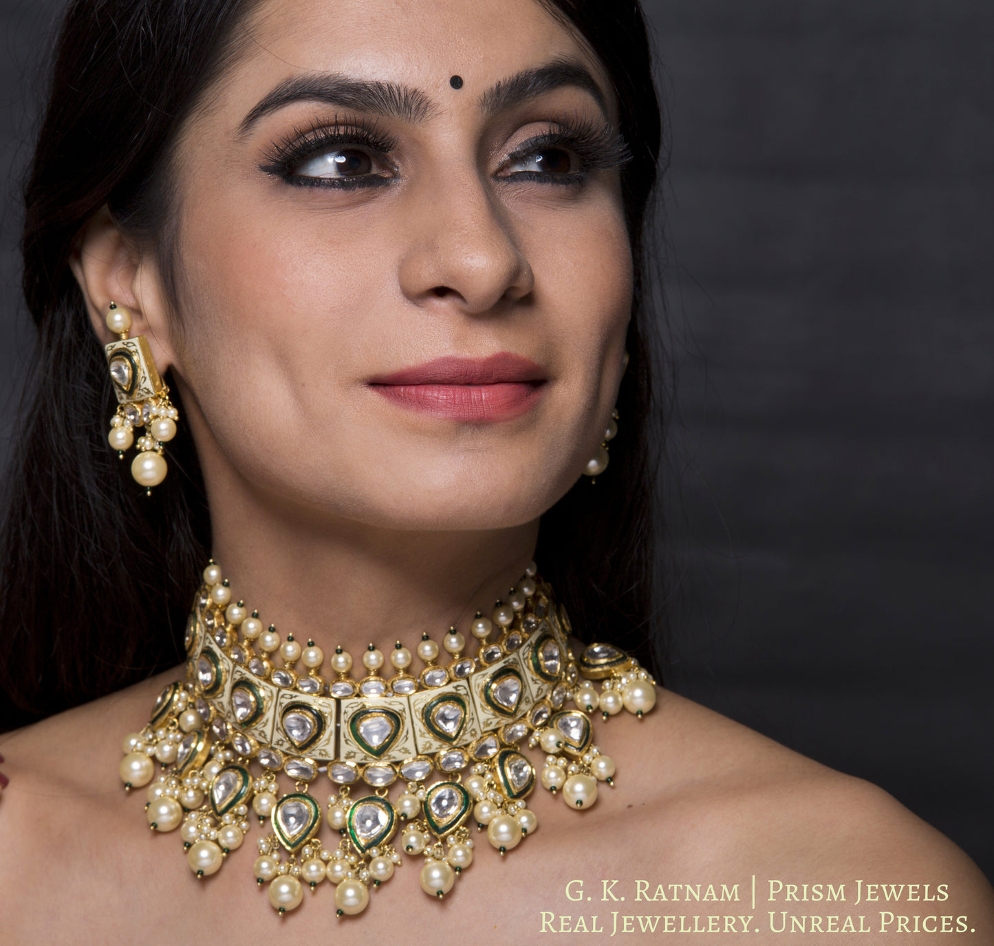 18k Gold and Diamond Polki cream enamel Choker Necklace Set with lustrous shell pearls - gold diamond polki kundan meena jadau jewellery