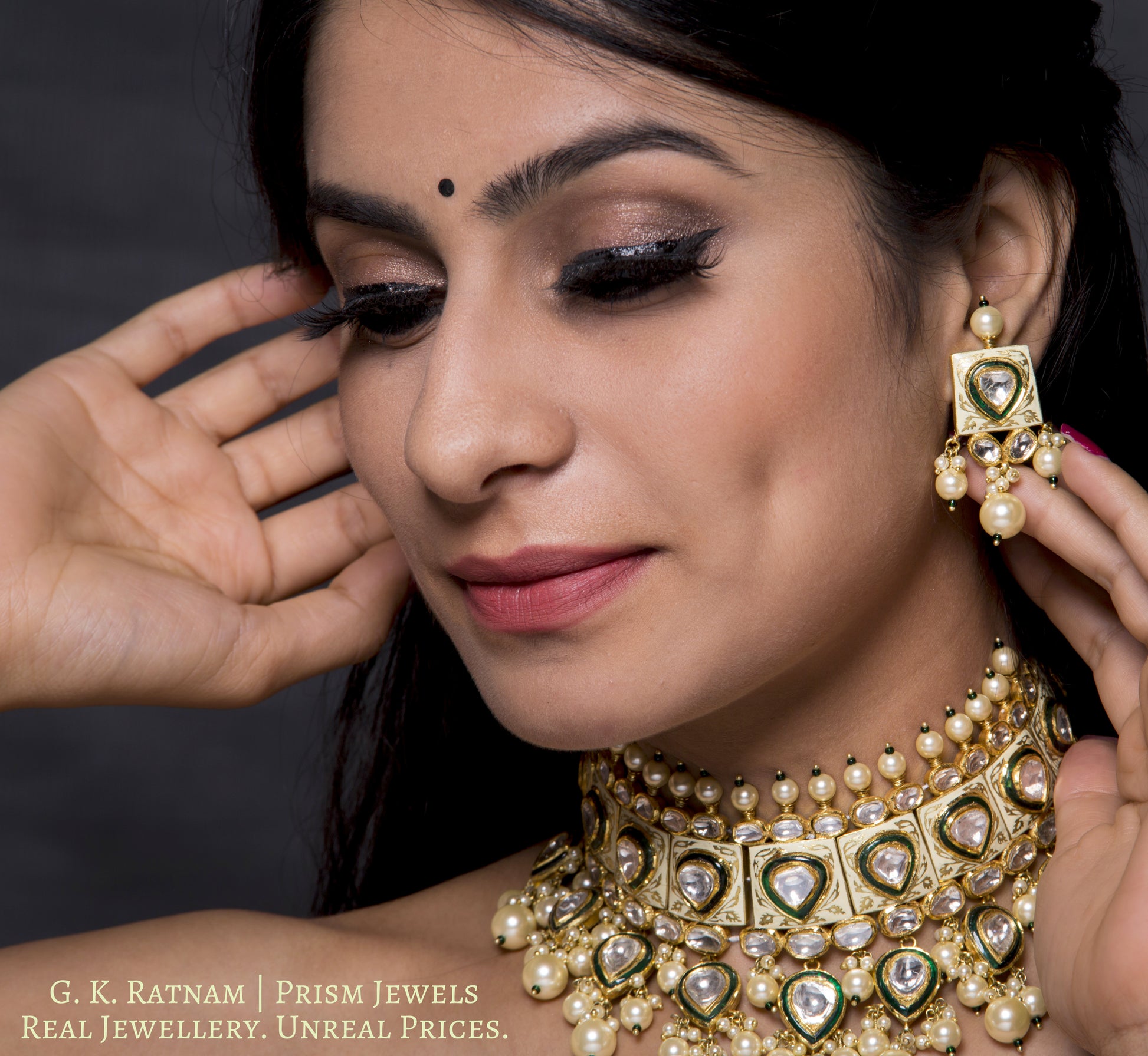 18k Gold and Diamond Polki cream enamel Choker Necklace Set with lustrous shell pearls - gold diamond polki kundan meena jadau jewellery
