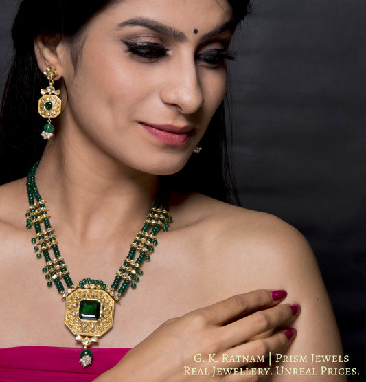 22k Gold and Diamond Polki green-center Octagon Pendant Set with polki leafs strung in natural emerald beads - G. K. Ratnam