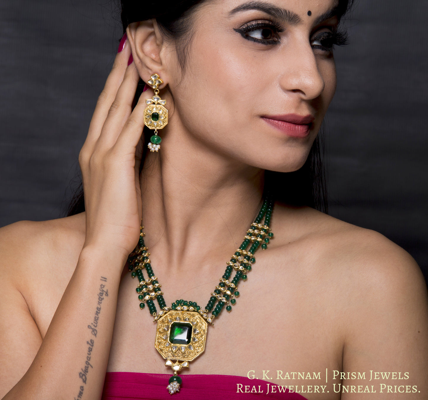 22k Gold and Diamond Polki green-center Octagon Pendant Set with polki leafs strung in natural emerald beads - G. K. Ratnam