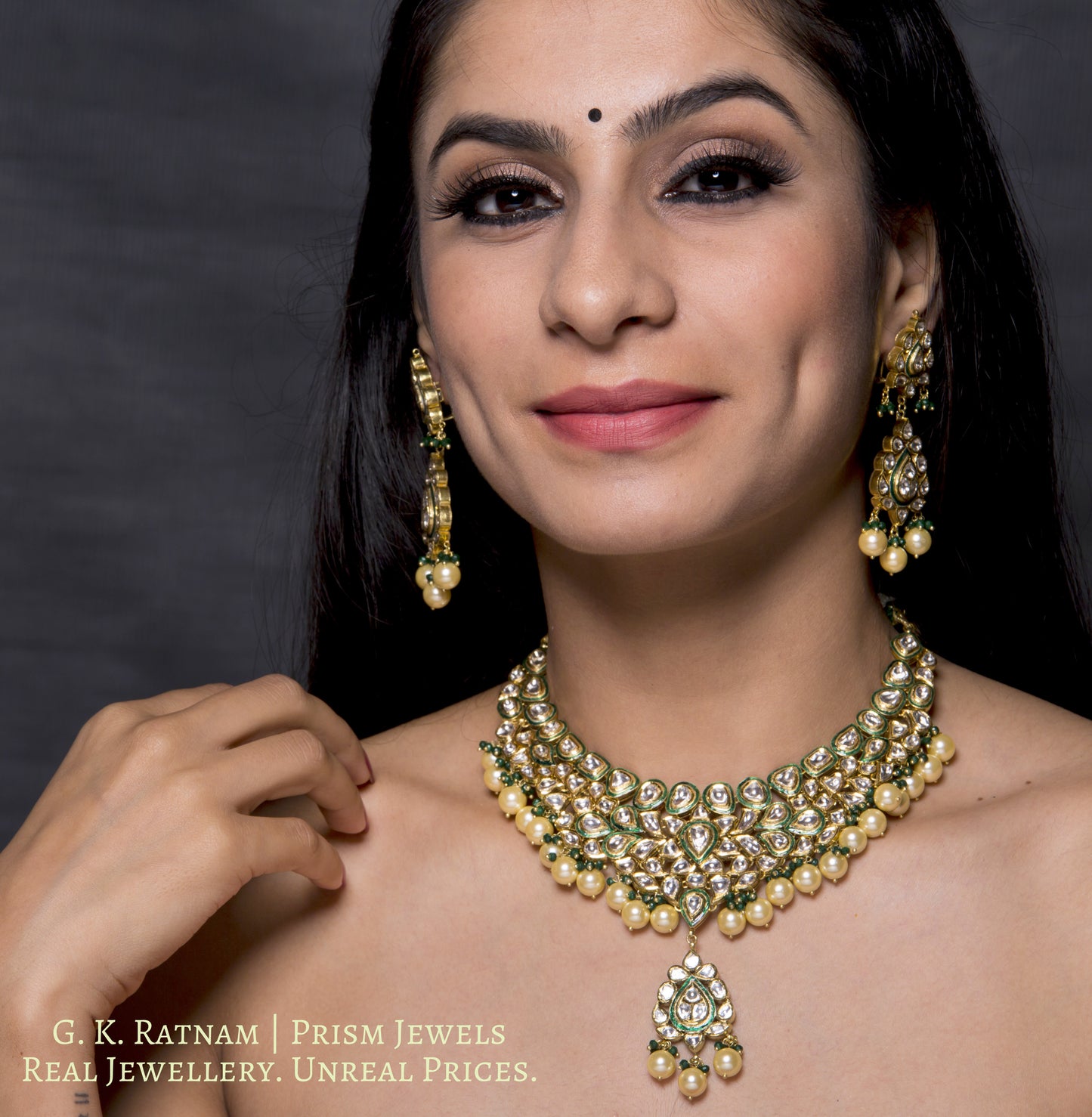 Traditional Gold and Diamond Polki green enamel Necklace Set with lustrous pearls and a dash of green - G. K. Ratnam