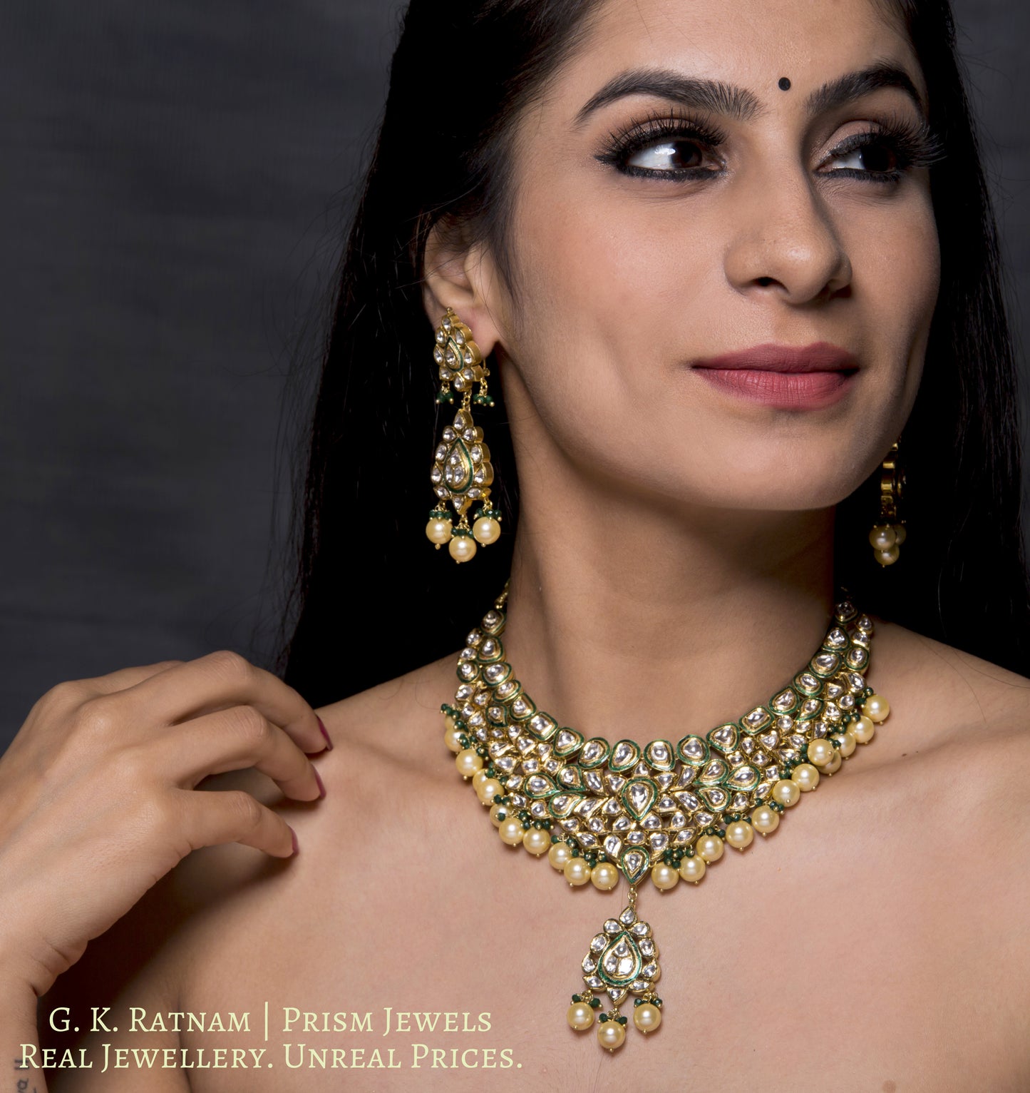 Traditional Gold and Diamond Polki green enamel Necklace Set with lustrous pearls and a dash of green - G. K. Ratnam