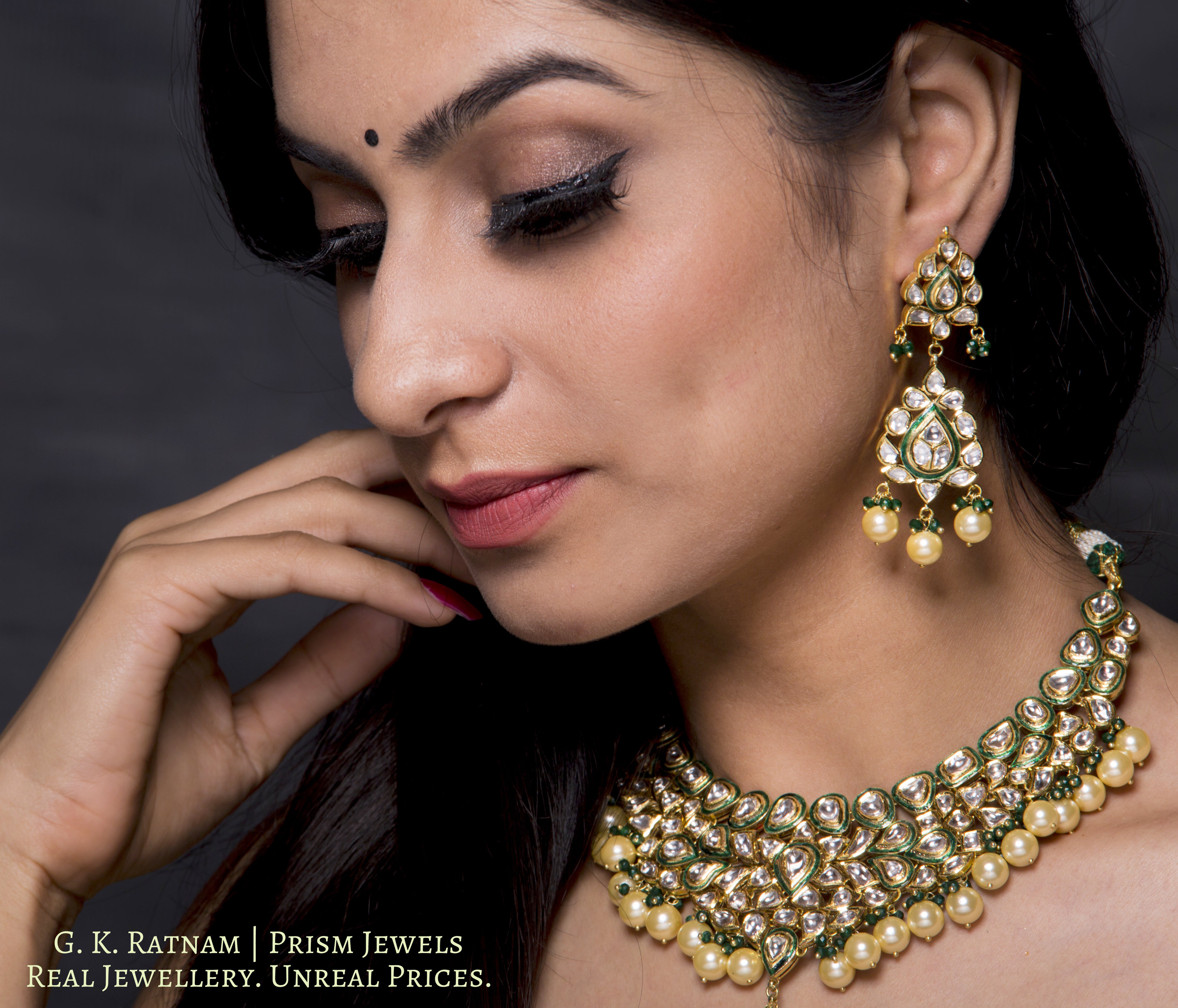 Traditional Gold and Diamond Polki green enamel Necklace Set with lustrous pearls and a dash of green - G. K. Ratnam