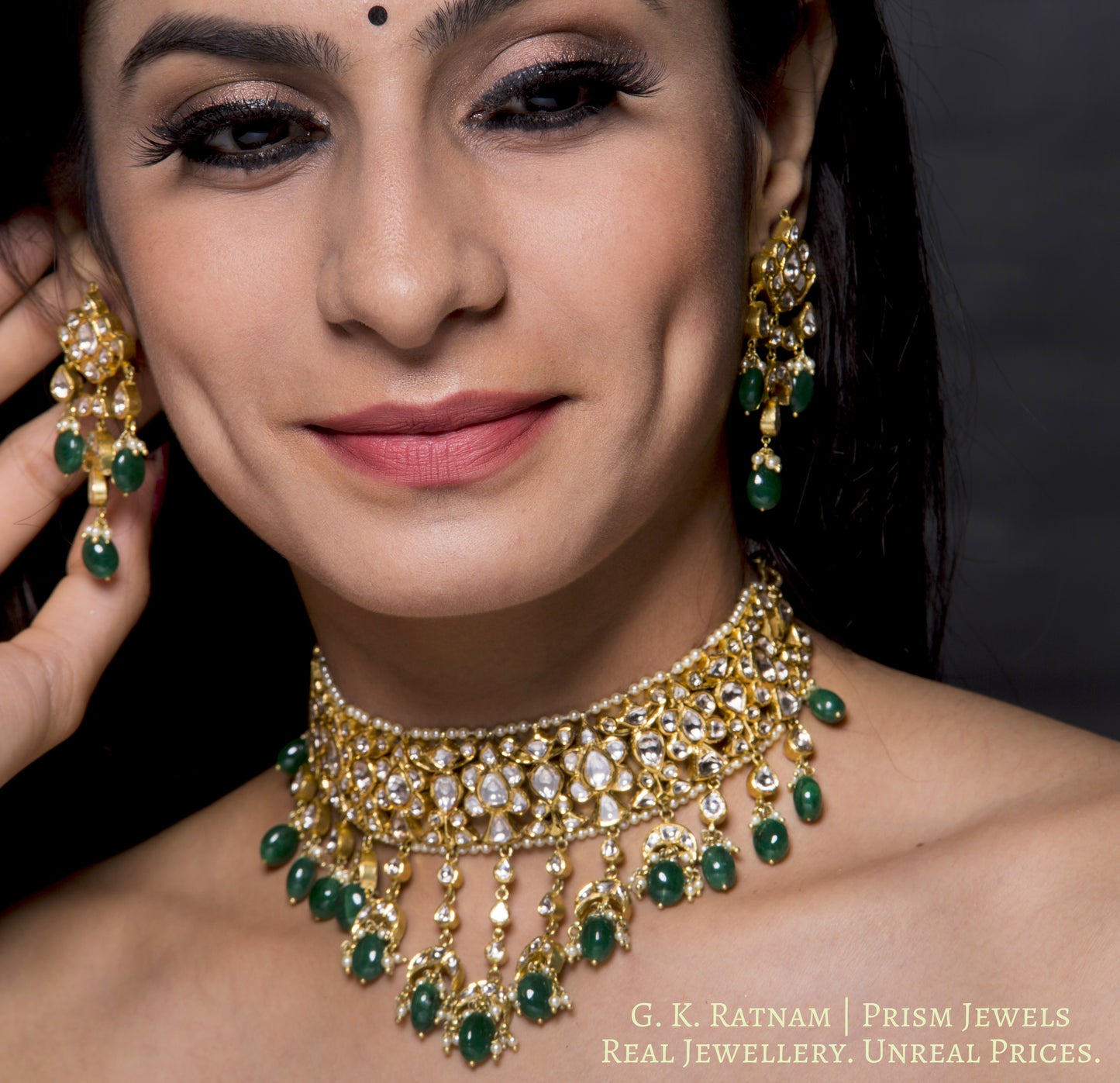 18k Gold and Diamond Polki Choker Necklace Set with cascading uncut pears and lustrous green beryls - gold diamond polki kundan meena jadau jewellery