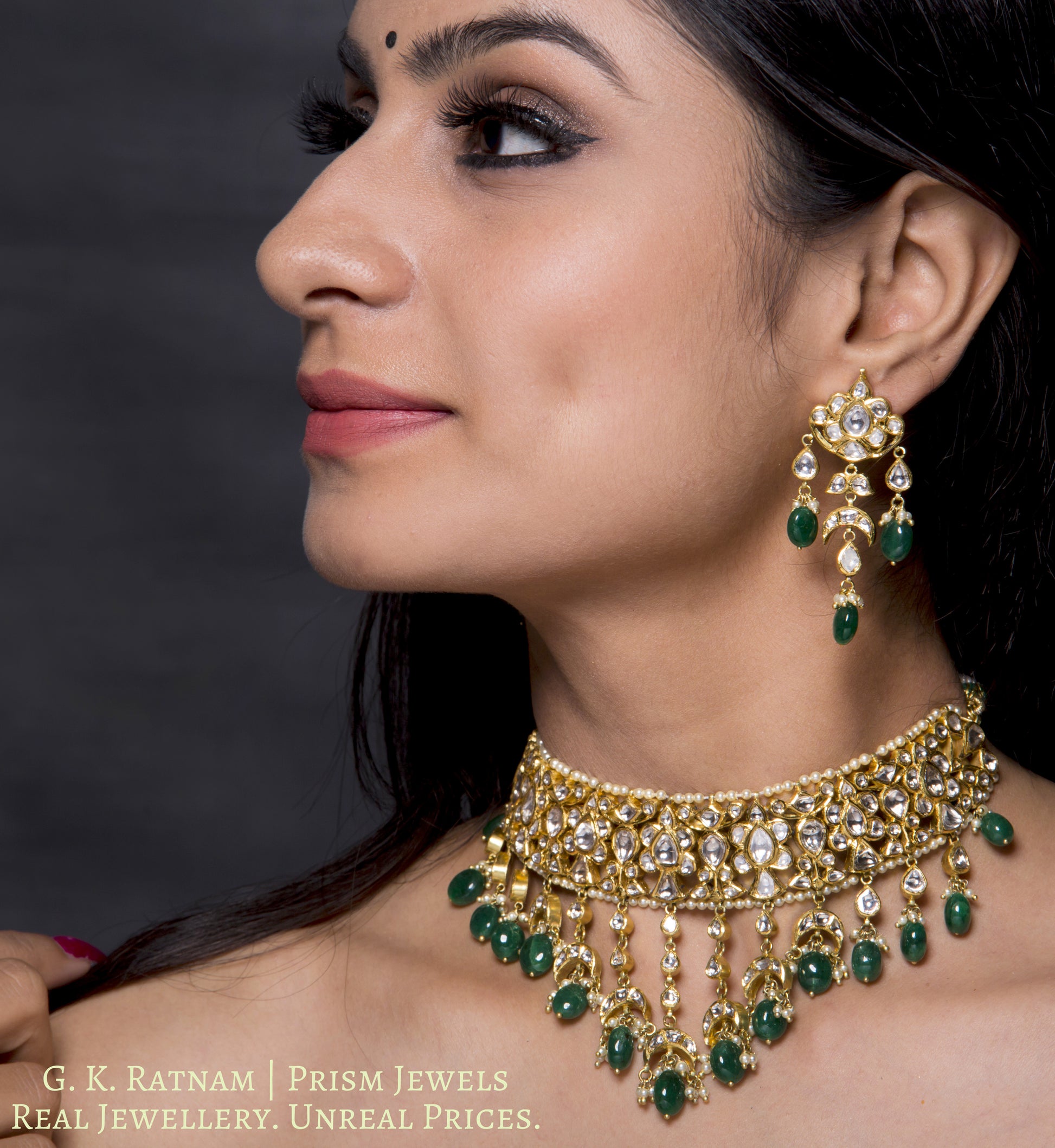 18k Gold and Diamond Polki Choker Necklace Set with cascading uncut pears and lustrous green beryls - gold diamond polki kundan meena jadau jewellery